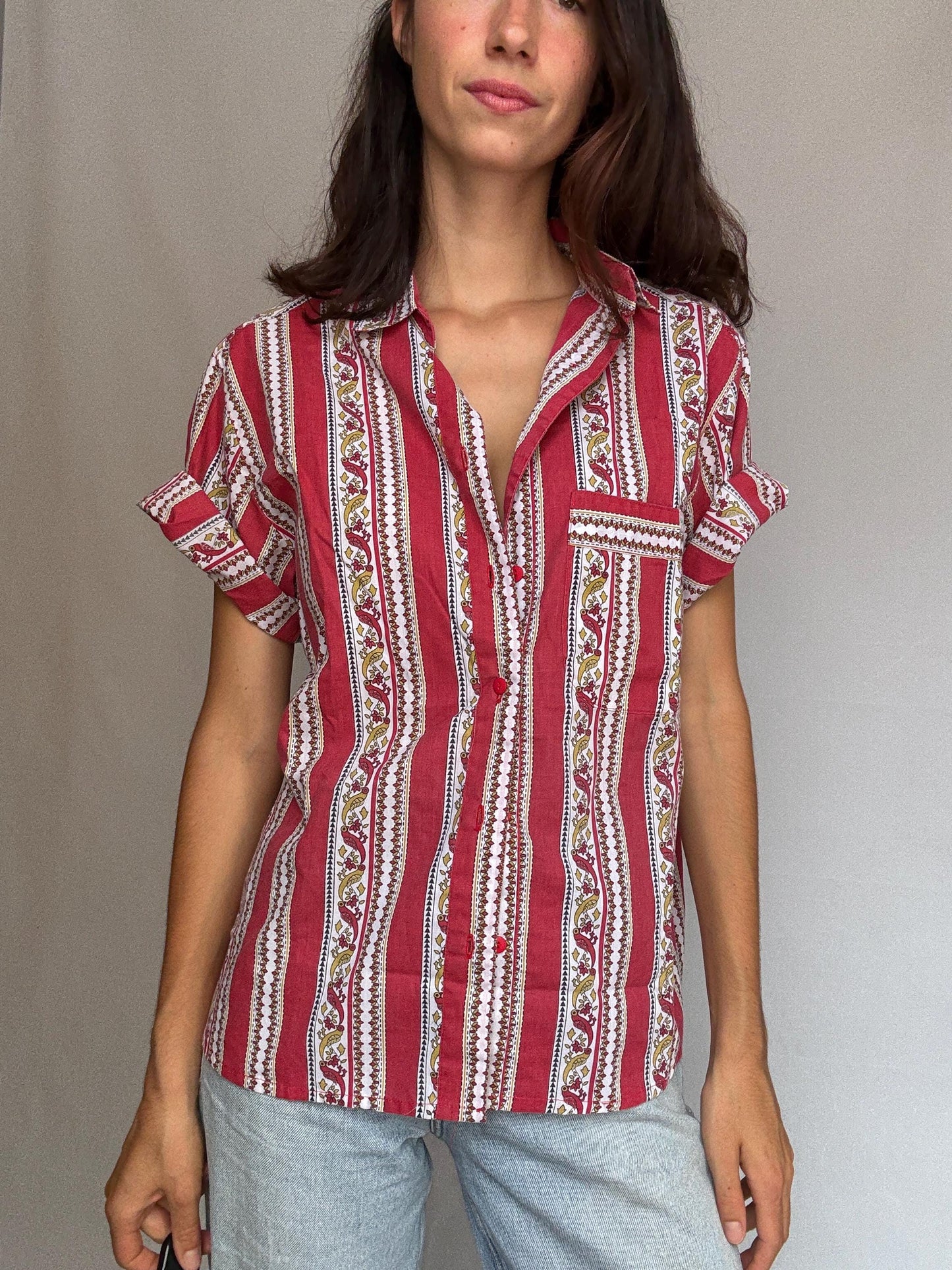 Vintage red patterned button, up shirt, cotton feel, relaxed fit, collared neckline, vibrant stripe and floral motif, bohemian vibe, US M