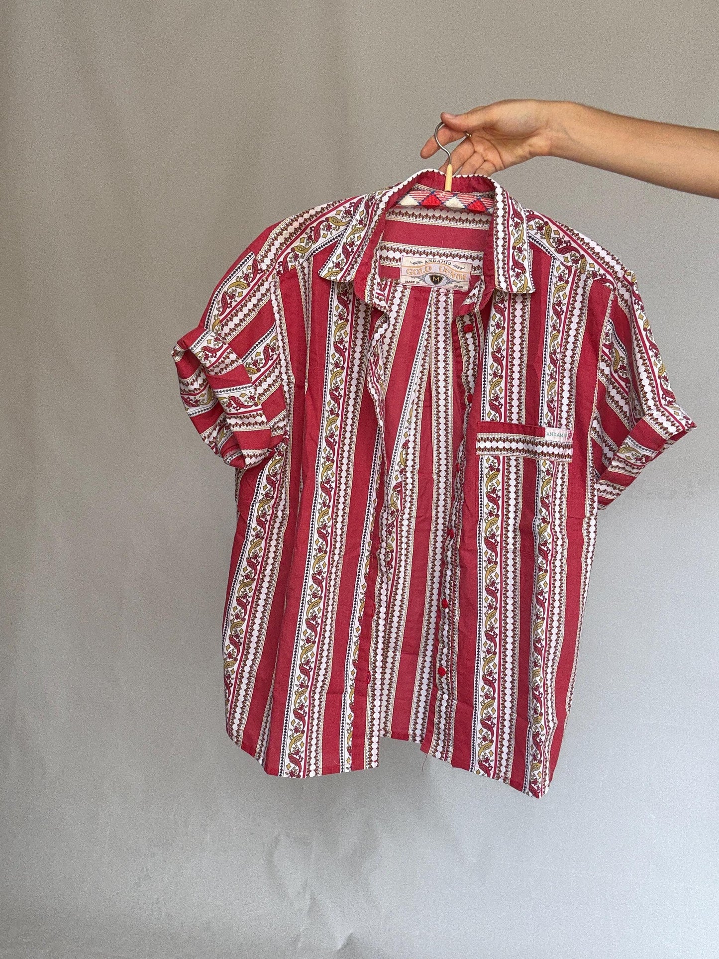 Vintage red patterned button, up shirt, cotton feel, relaxed fit, collared neckline, vibrant stripe and floral motif, bohemian vibe, US M