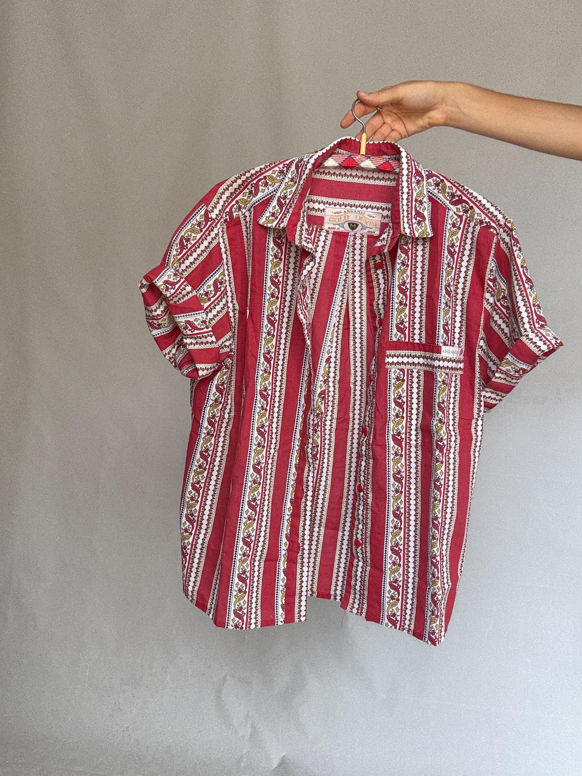 Vintage red patterned button, up shirt, cotton feel, relaxed fit, collared neckline, vibrant stripe and floral motif, bohemian vibe, US M