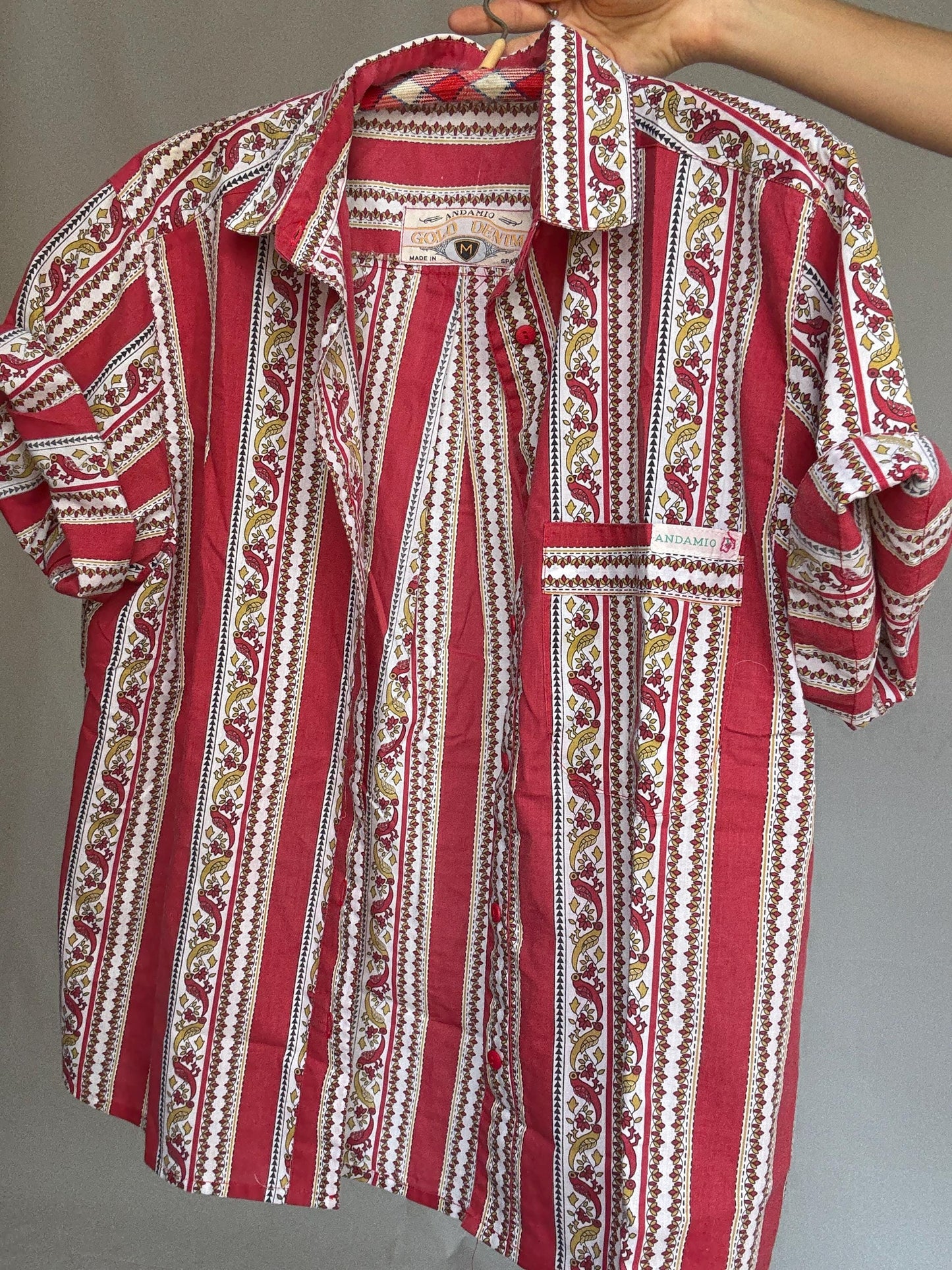 Vintage red patterned button, up shirt, cotton feel, relaxed fit, collared neckline, vibrant stripe and floral motif, bohemian vibe, US M