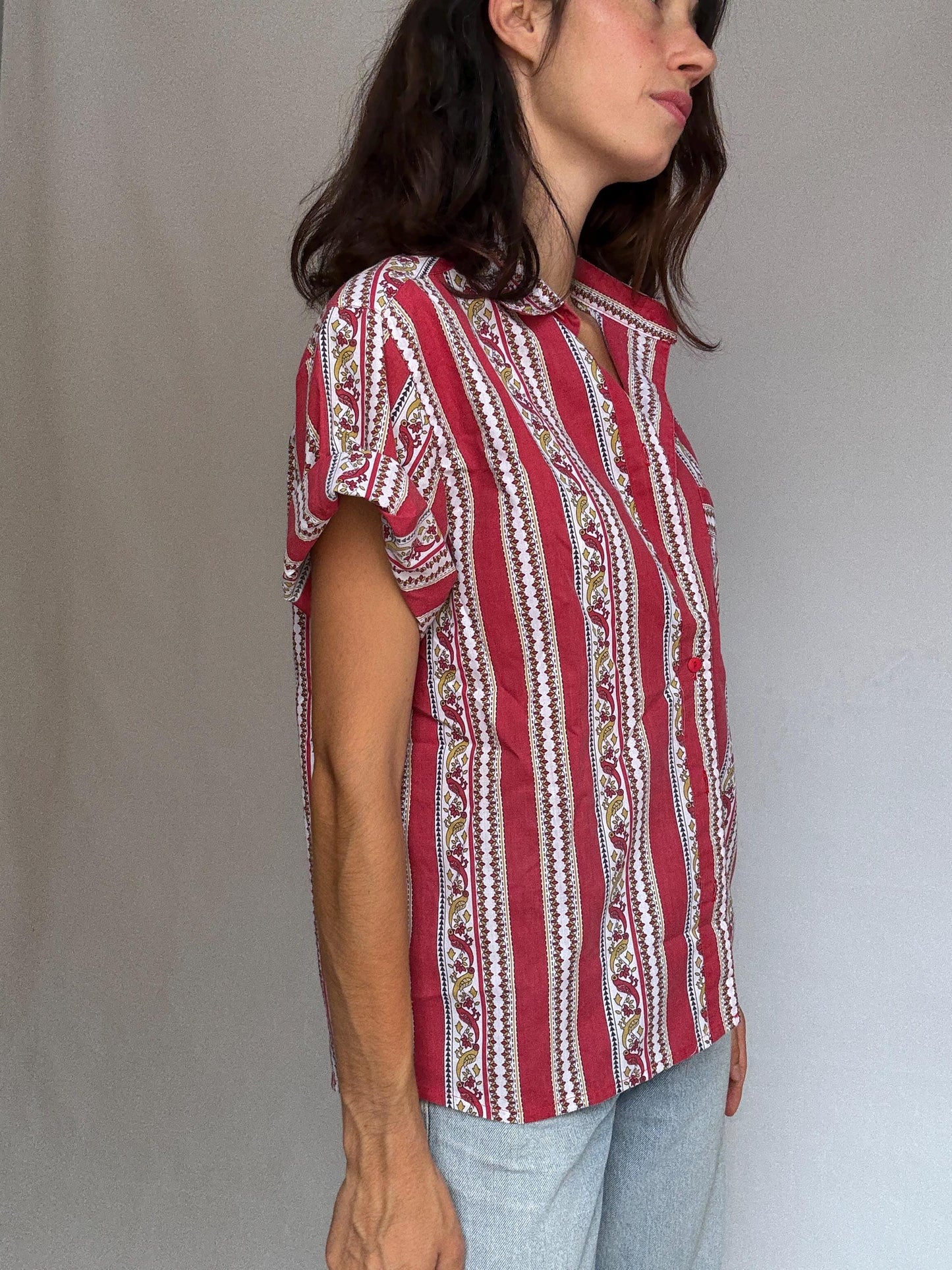 Vintage red patterned button, up shirt, cotton feel, relaxed fit, collared neckline, vibrant stripe and floral motif, bohemian vibe, US M
