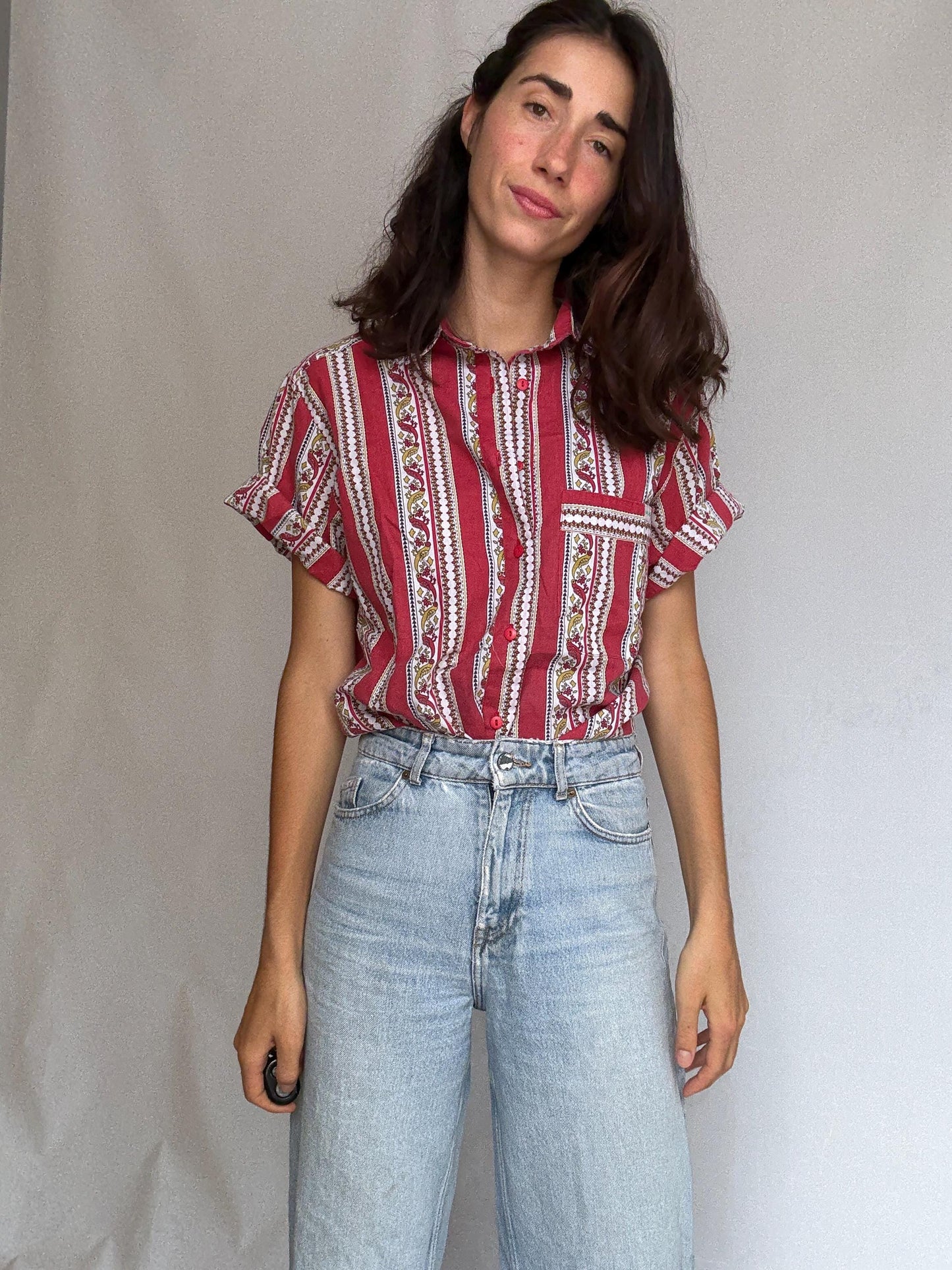 Vintage red patterned button, up shirt, cotton feel, relaxed fit, collared neckline, vibrant stripe and floral motif, bohemian vibe, US M