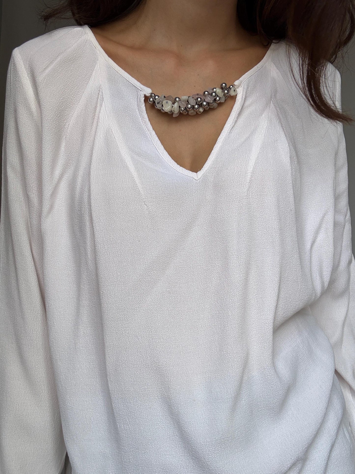 Pedro del Hierro Sport white blouse with beaded neckline detail, elegant chic, US L, evening versatile