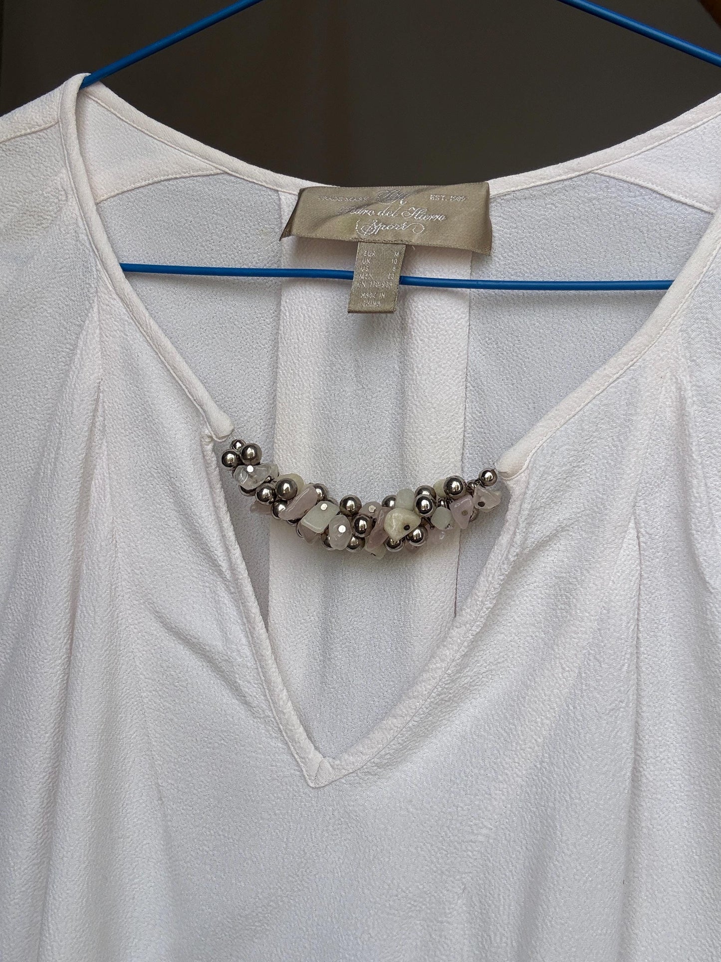 Pedro del Hierro Sport white blouse with beaded neckline detail, elegant chic, US L, evening versatile