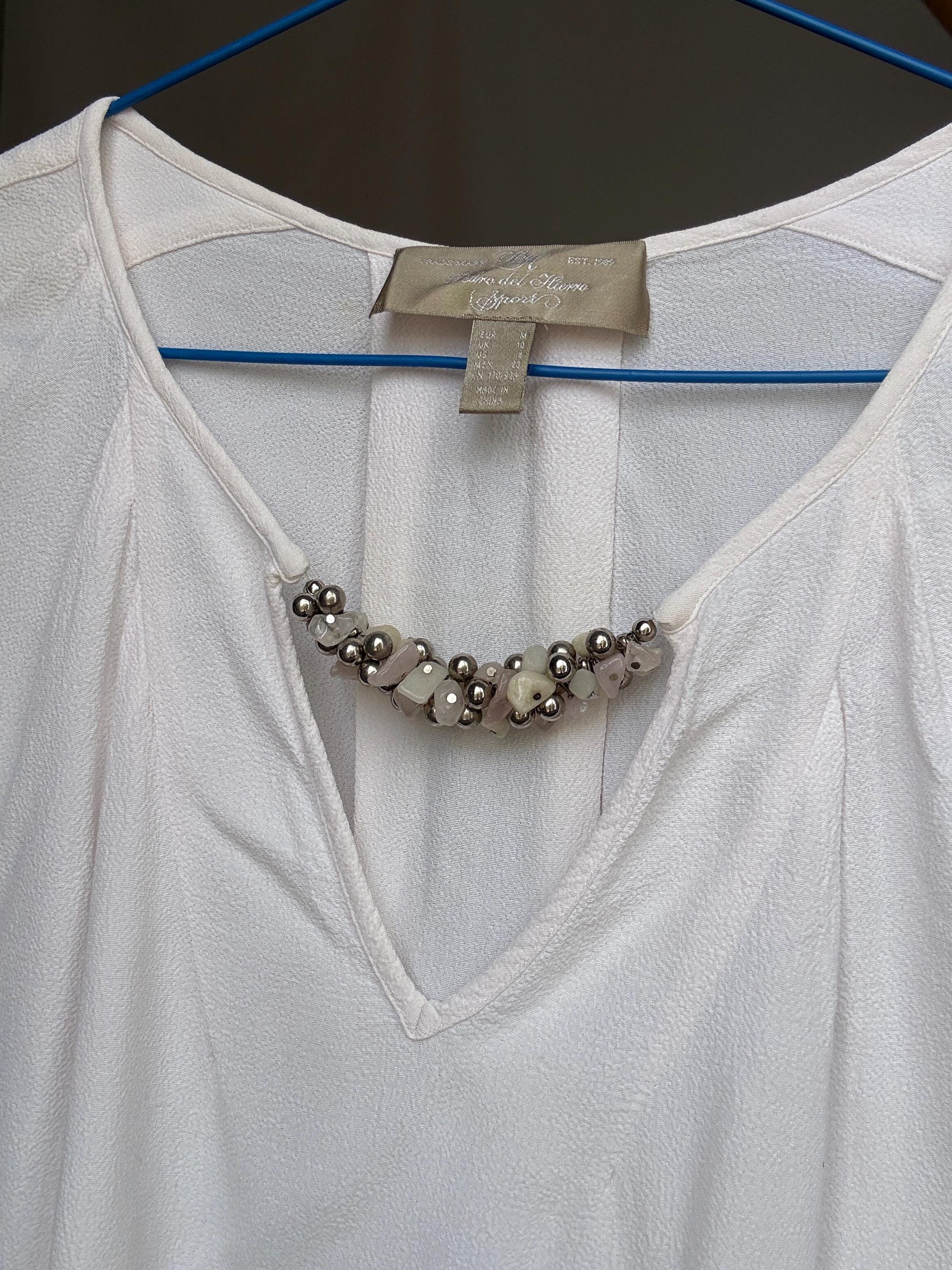 Pedro del Hierro Sport white blouse with beaded neckline detail, elegant chic, US L, evening versatile