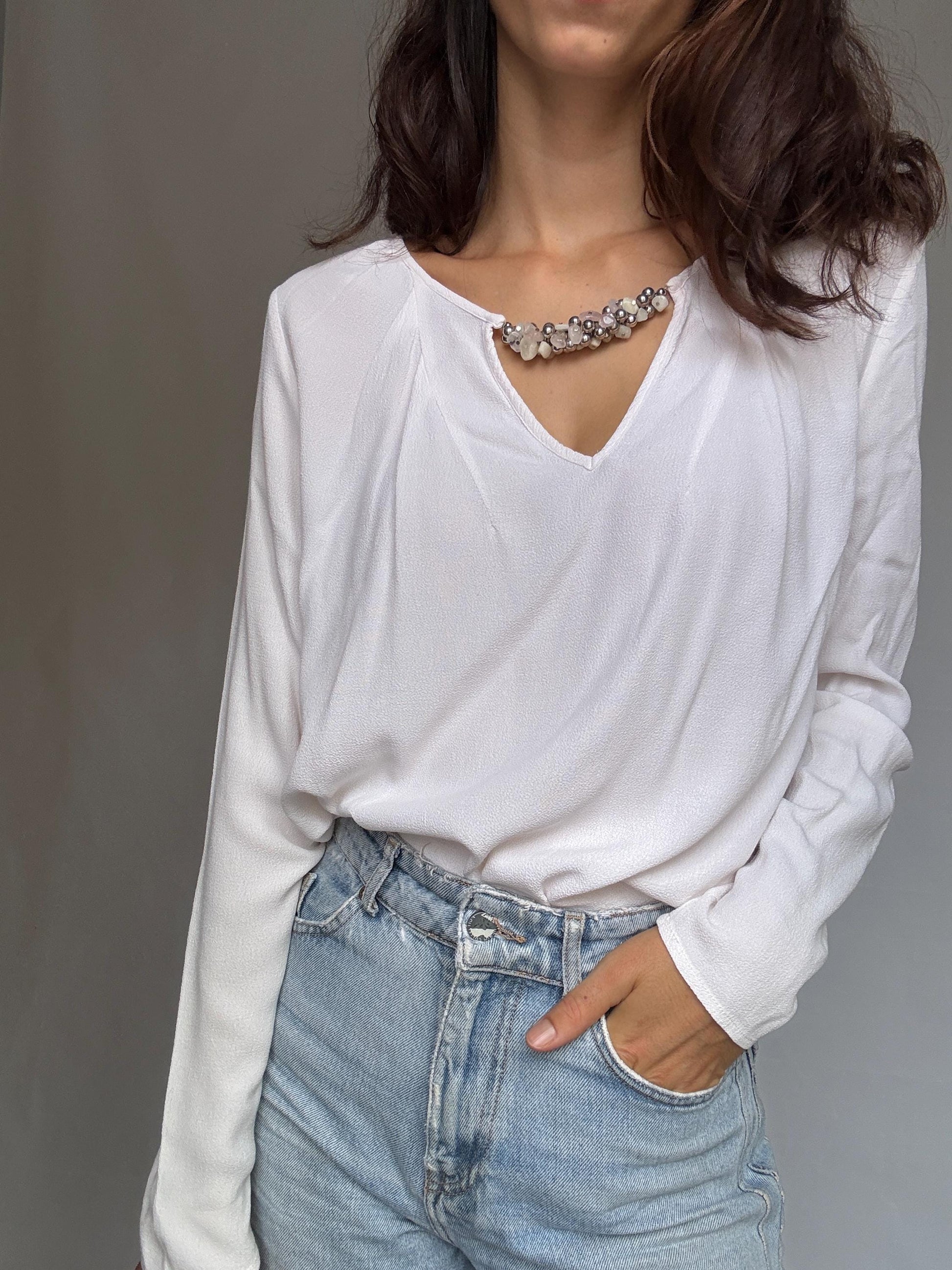 Pedro del Hierro Sport white blouse with beaded neckline detail, elegant chic, US L, evening versatile