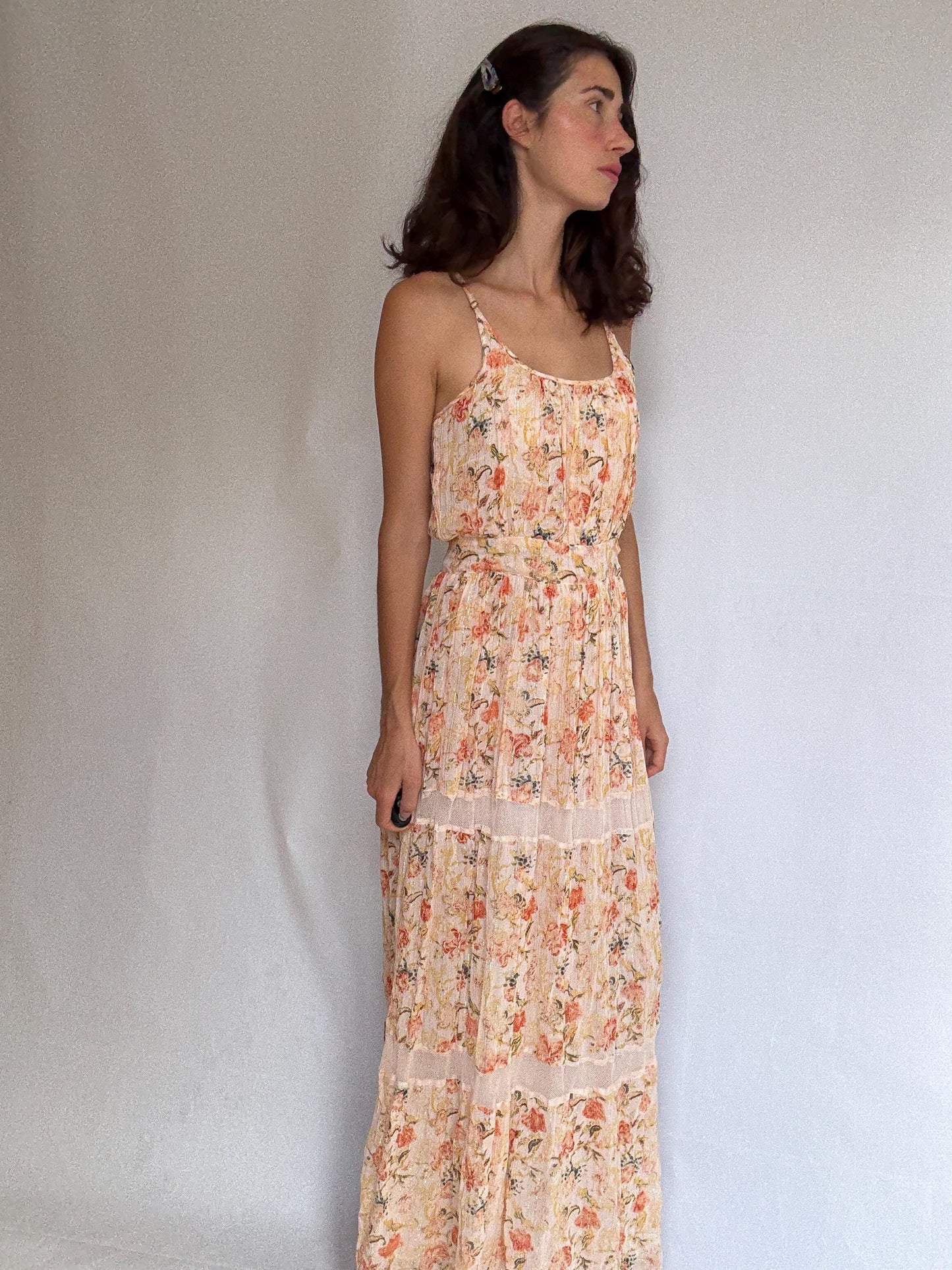 Maison Hotel peach floral maxi dress, cotton lining, flowy fit, side zipper, gold threading, bohemian Rosie huntington, whiteley, US XS