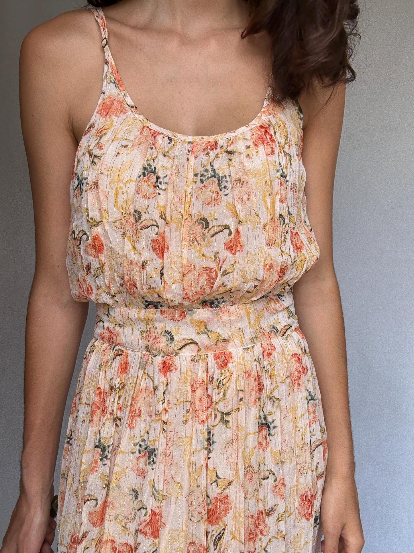 Maison Hotel peach floral maxi dress, cotton lining, flowy fit, side zipper, gold threading, bohemian Rosie huntington, whiteley, US XS