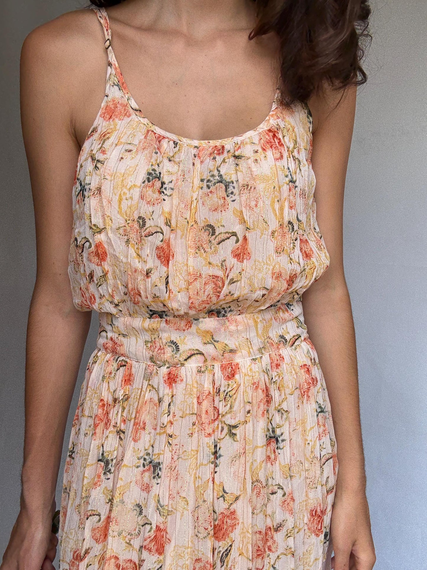 Maison Hotel peach floral maxi dress, cotton lining, flowy fit, side zipper, gold threading, bohemian Rosie huntington, whiteley, US XS