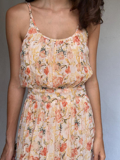 Maison Hotel peach floral maxi dress, cotton lining, flowy fit, side zipper, gold threading, bohemian Rosie huntington, whiteley, US XS