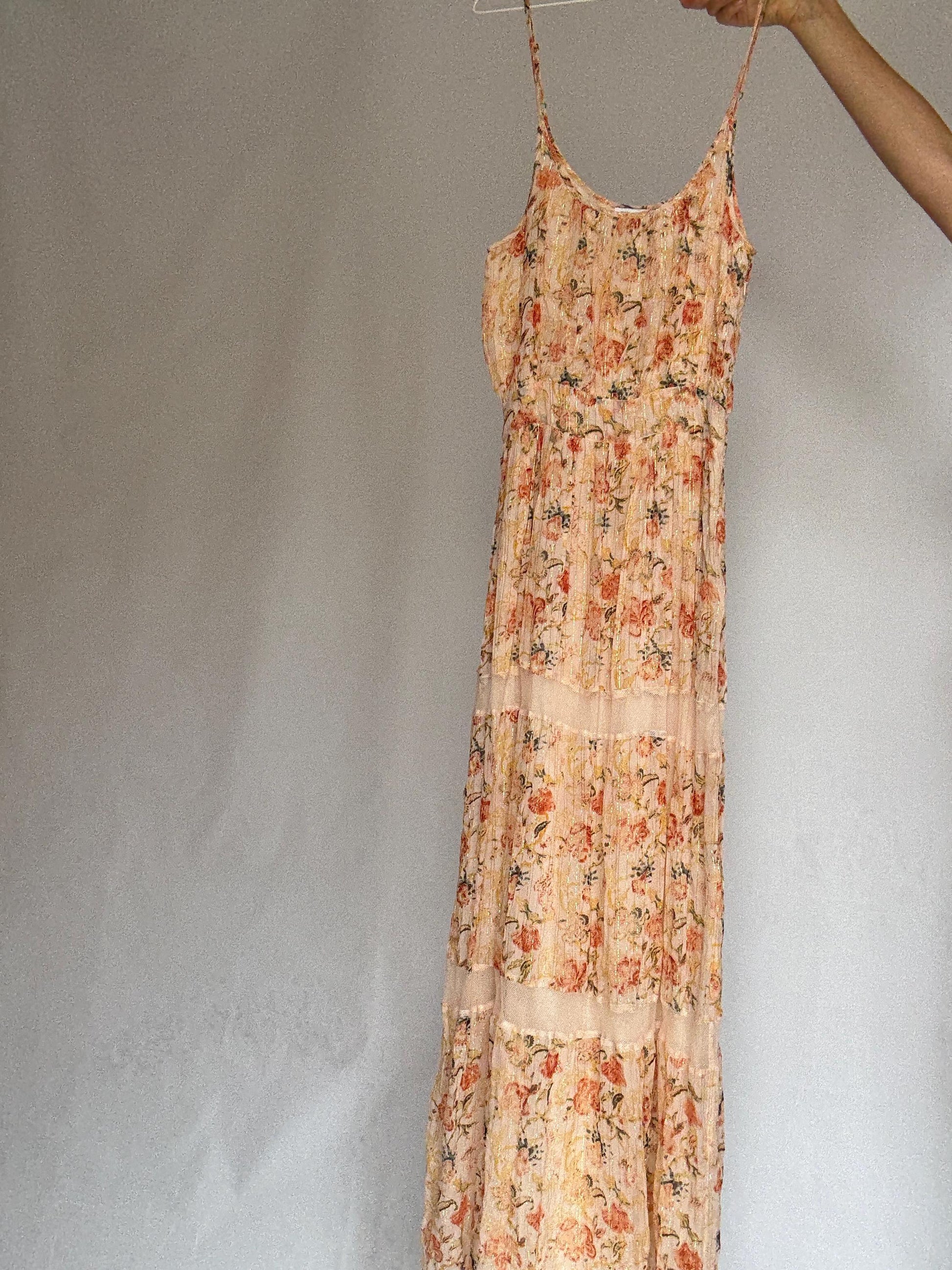 Maison Hotel peach floral maxi dress, cotton lining, flowy fit, side zipper, gold threading, bohemian Rosie huntington, whiteley, US XS