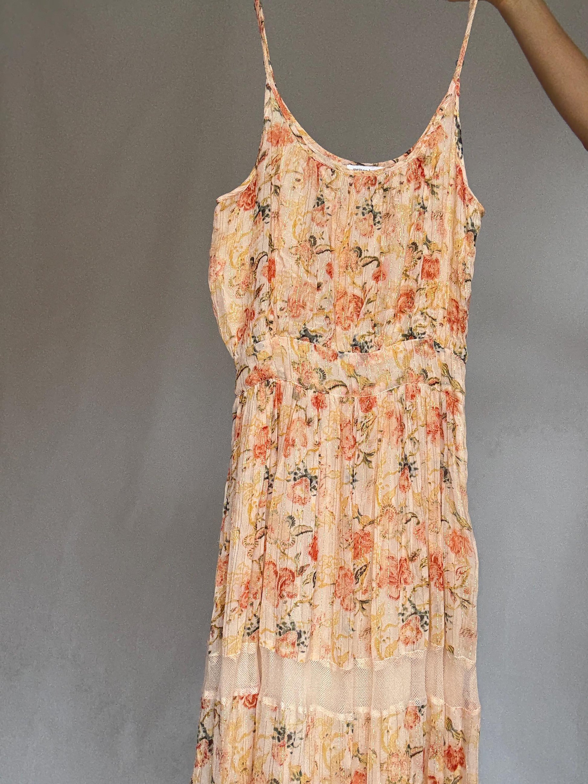 Maison Hotel peach floral maxi dress, cotton lining, flowy fit, side zipper, gold threading, bohemian Rosie huntington, whiteley, US XS