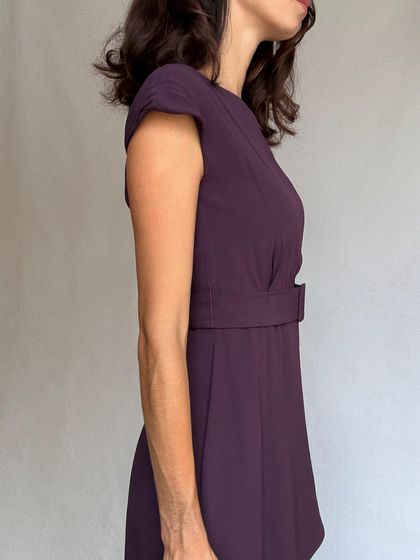 Massimo Dutti purple formal dress, viscose, fitted with back zipper, matching belt, elegant evening wear, US S, formal occasion