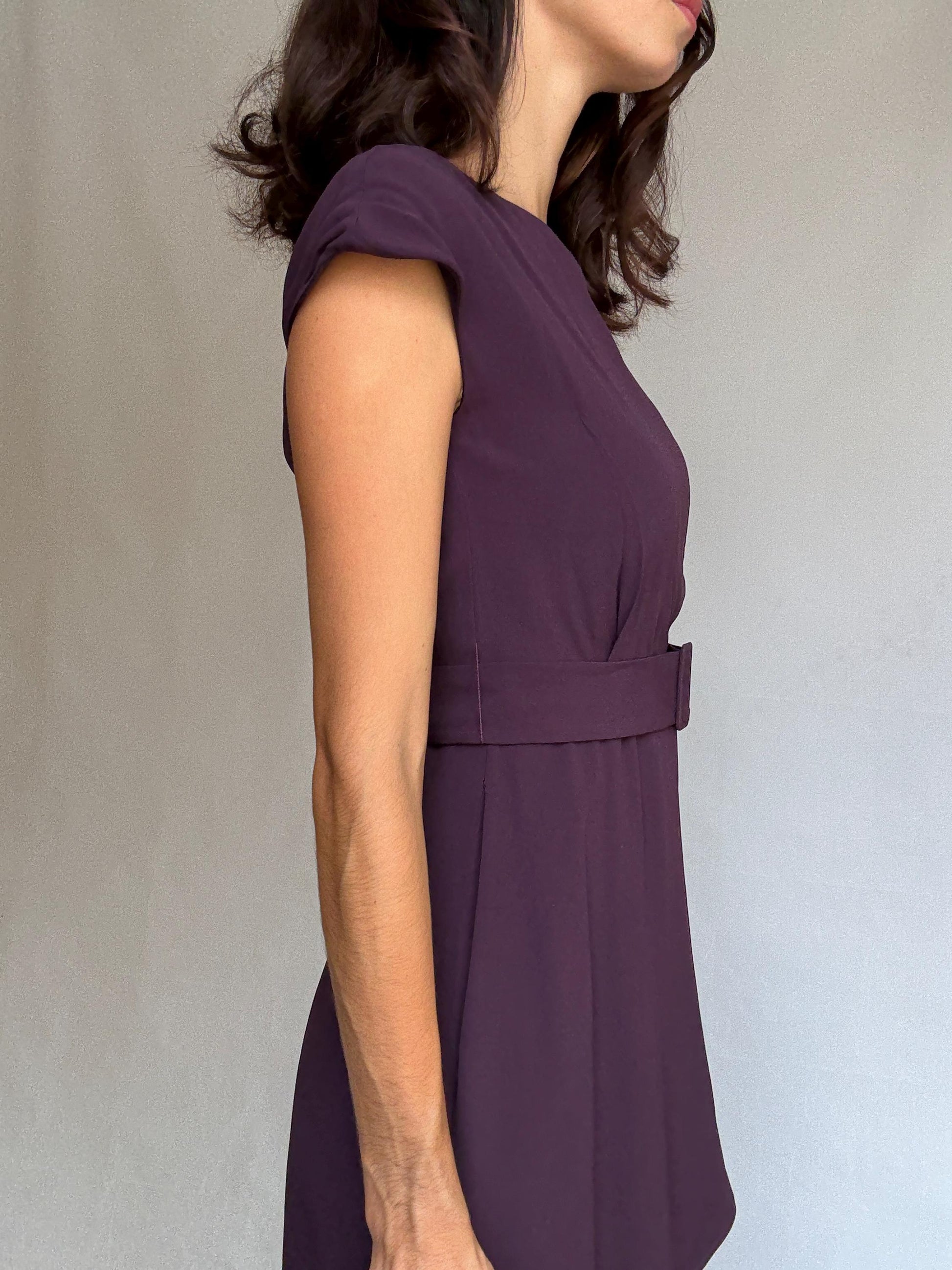 Massimo Dutti purple formal dress, viscose, fitted with back zipper, matching belt, elegant evening wear, US S, formal occasion