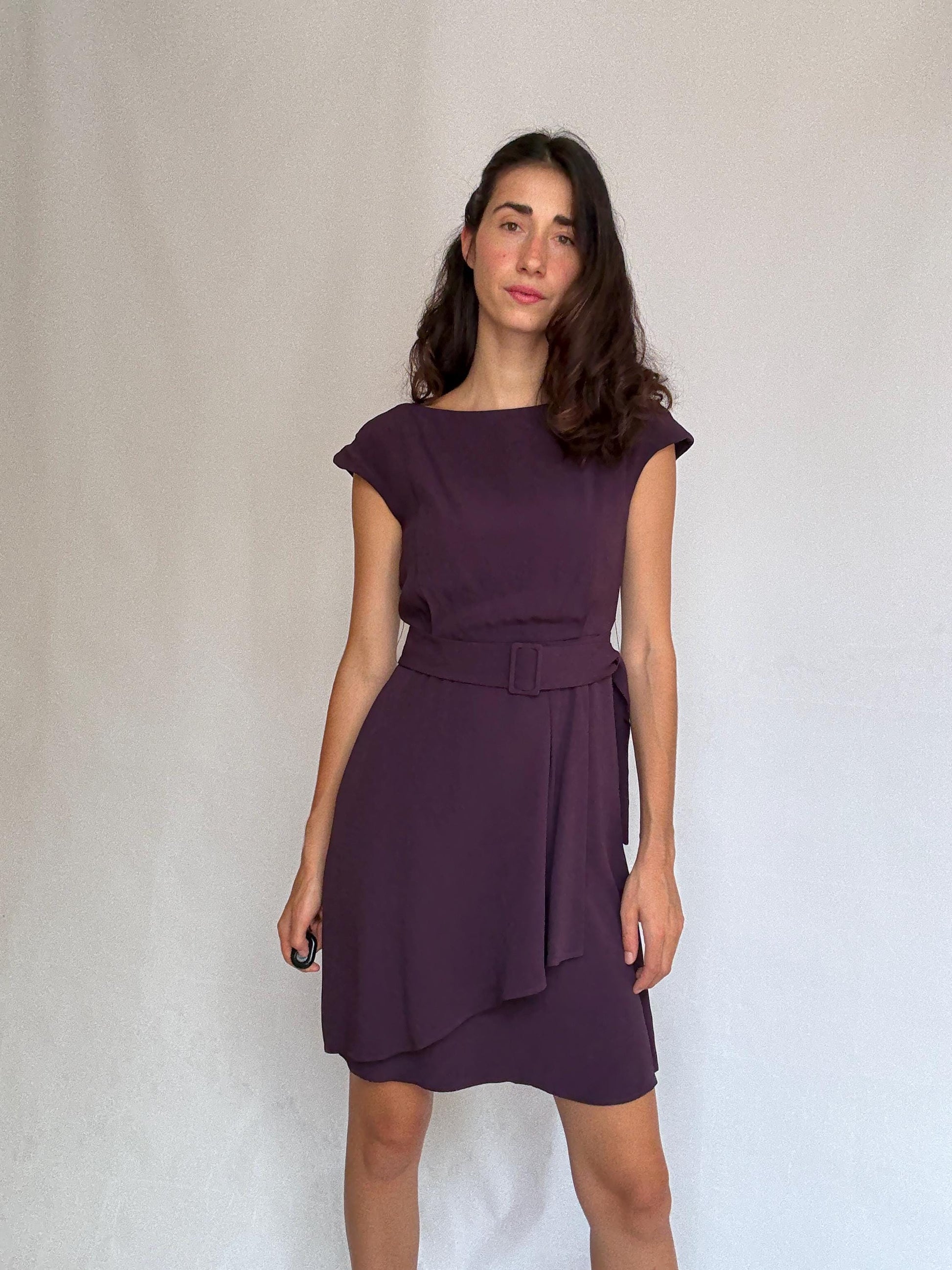 Massimo Dutti purple formal dress, viscose, fitted with back zipper, matching belt, elegant evening wear, US S, formal occasion