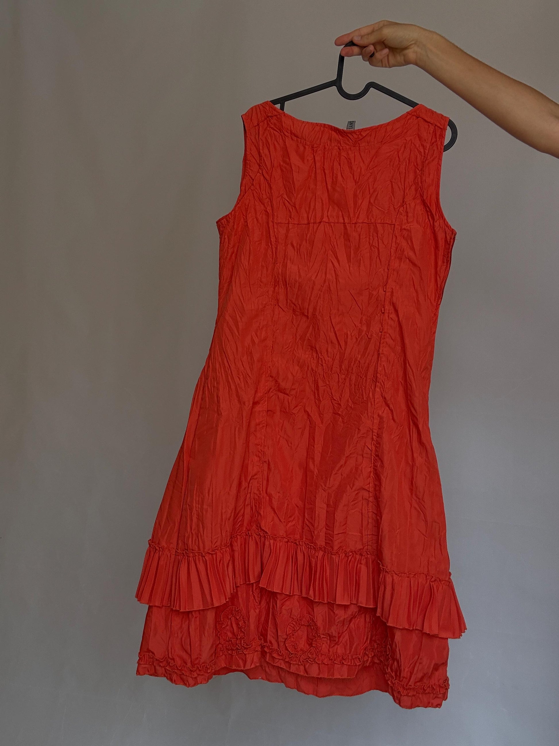 Vintage warm orange dress, cotton feel, alternative fit, side zipper, crinkled texture, bohemian casual vibe daywear, US Size L,