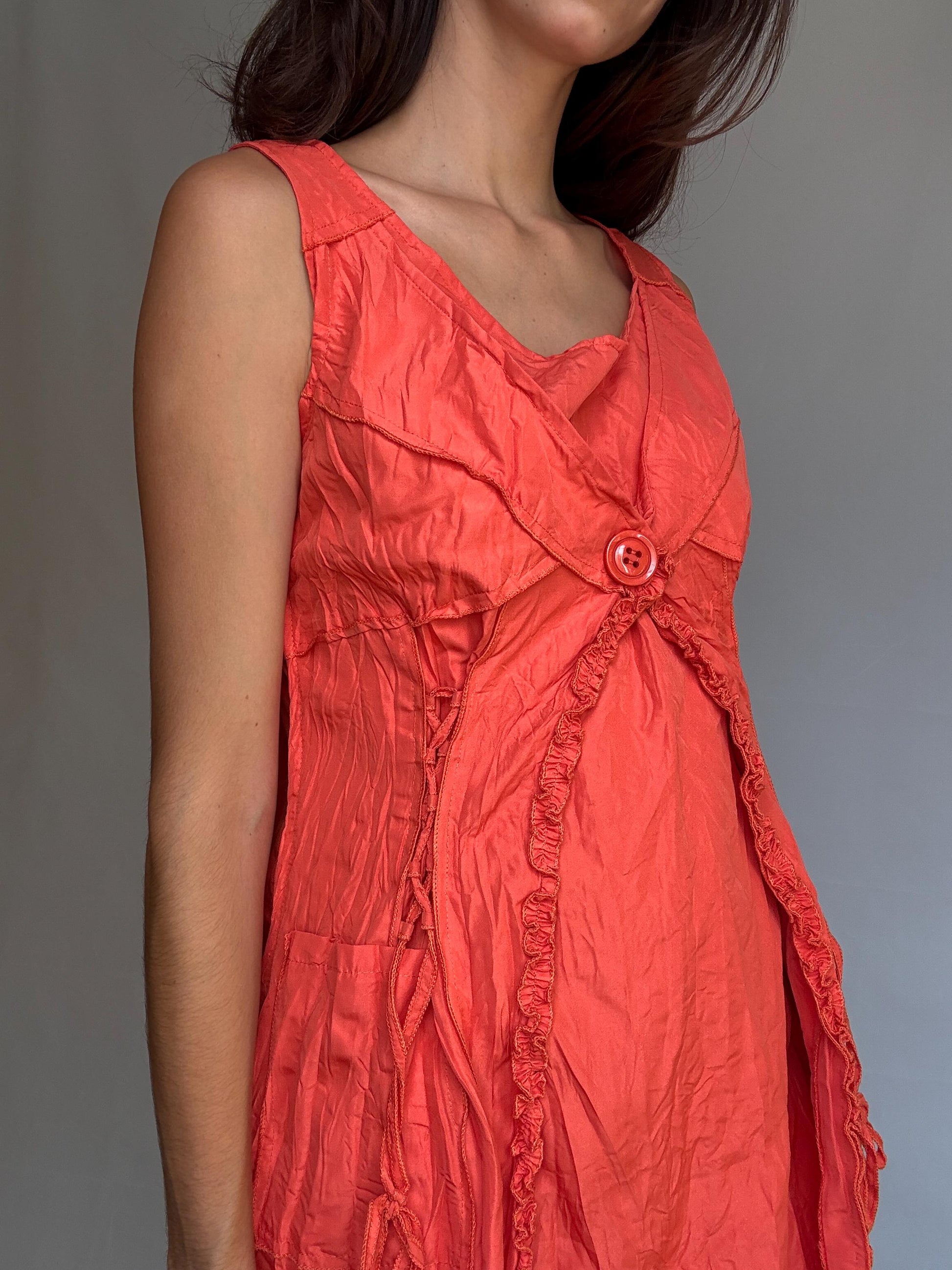 Vintage warm orange dress, cotton feel, alternative fit, side zipper, crinkled texture, bohemian casual vibe daywear, US Size L,