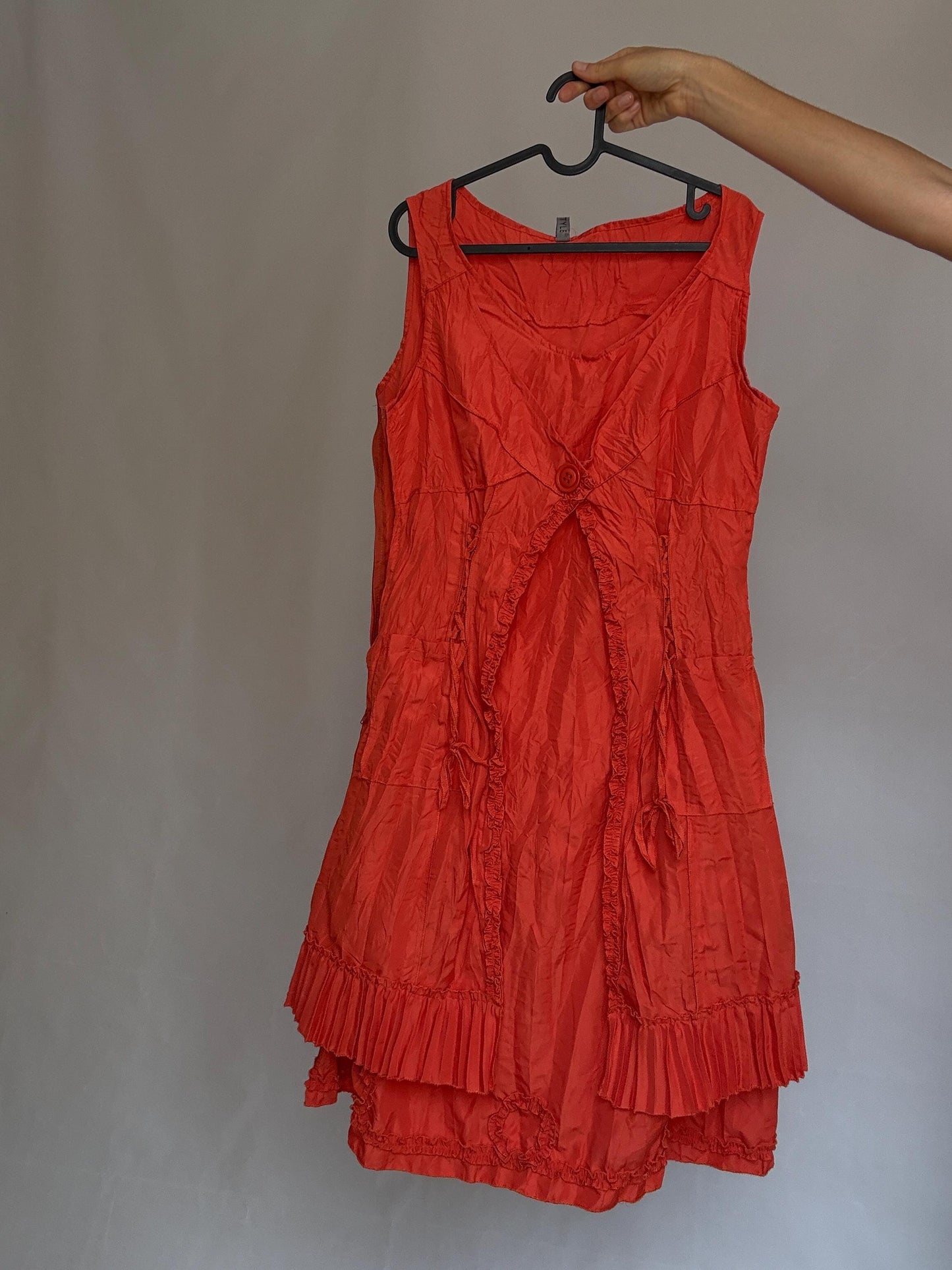 Vintage warm orange dress, cotton feel, alternative fit, side zipper, crinkled texture, bohemian casual vibe daywear, US Size L,