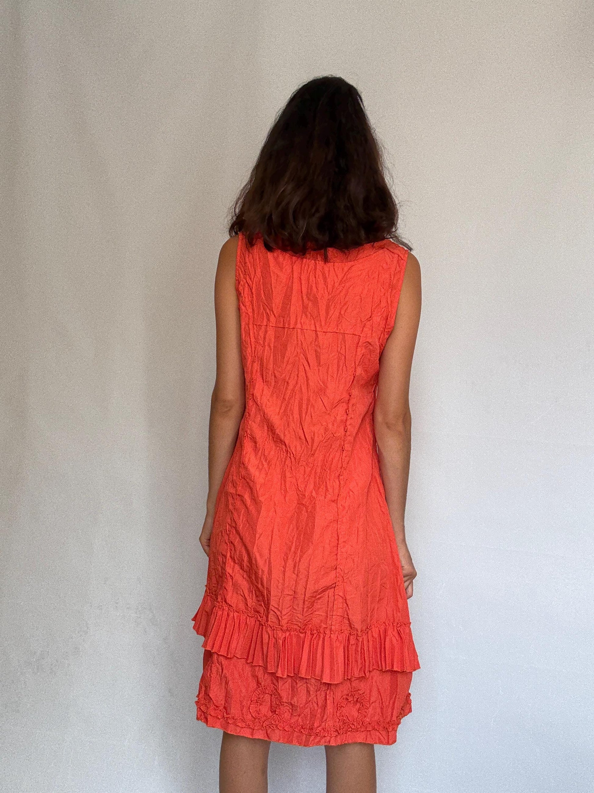 Vintage warm orange dress, cotton feel, alternative fit, side zipper, crinkled texture, bohemian casual vibe daywear, US Size L,