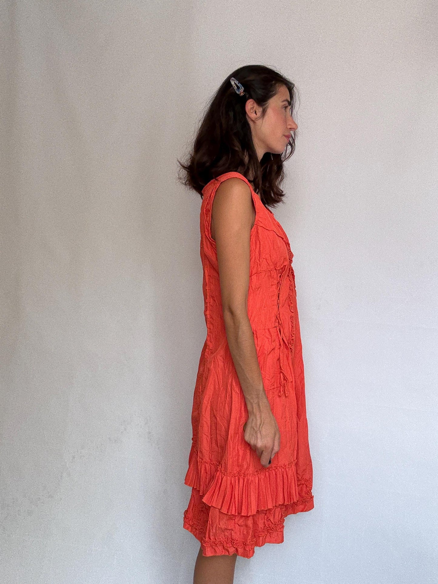 Vintage warm orange dress, cotton feel, alternative fit, side zipper, crinkled texture, bohemian casual vibe daywear, US Size L,