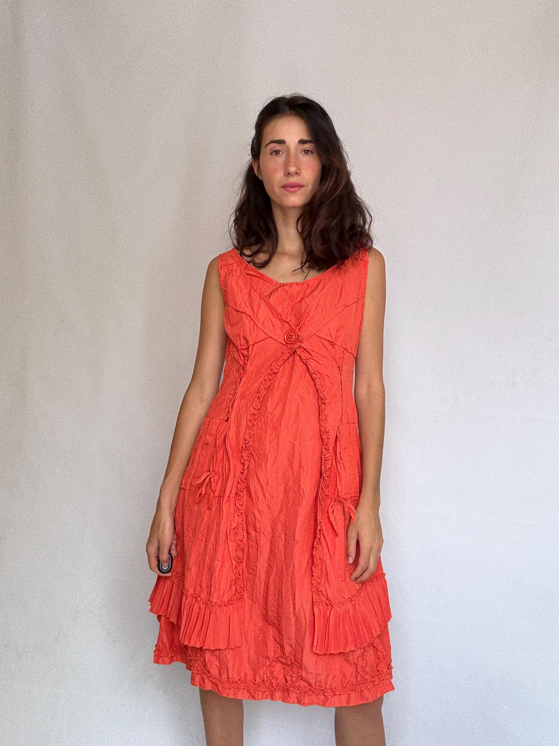 Vintage warm orange dress, cotton feel, alternative fit, side zipper, crinkled texture, bohemian casual vibe daywear, US Size L,