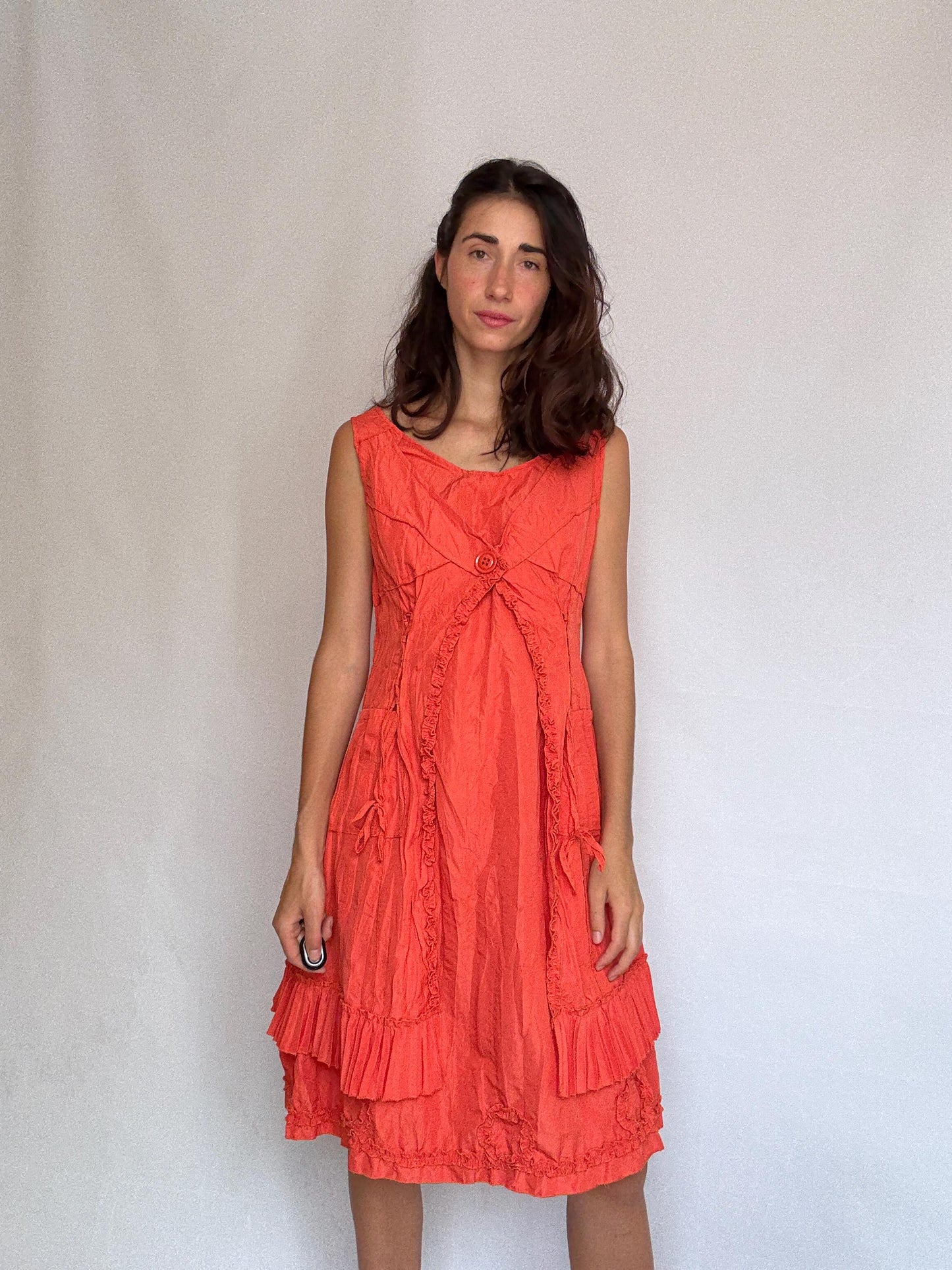 Vintage warm orange dress, cotton feel, alternative fit, side zipper, crinkled texture, bohemian casual vibe daywear, US Size L,