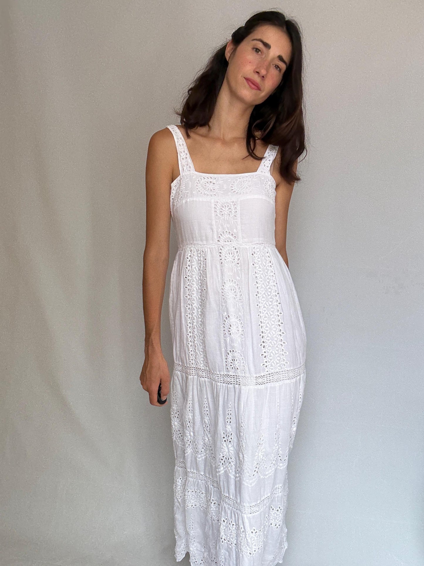 Eyelet fabric white long dress, Wedding guest fitted bodice, Summer party intricate broderie anglaise, elegant minimalist, US XS,