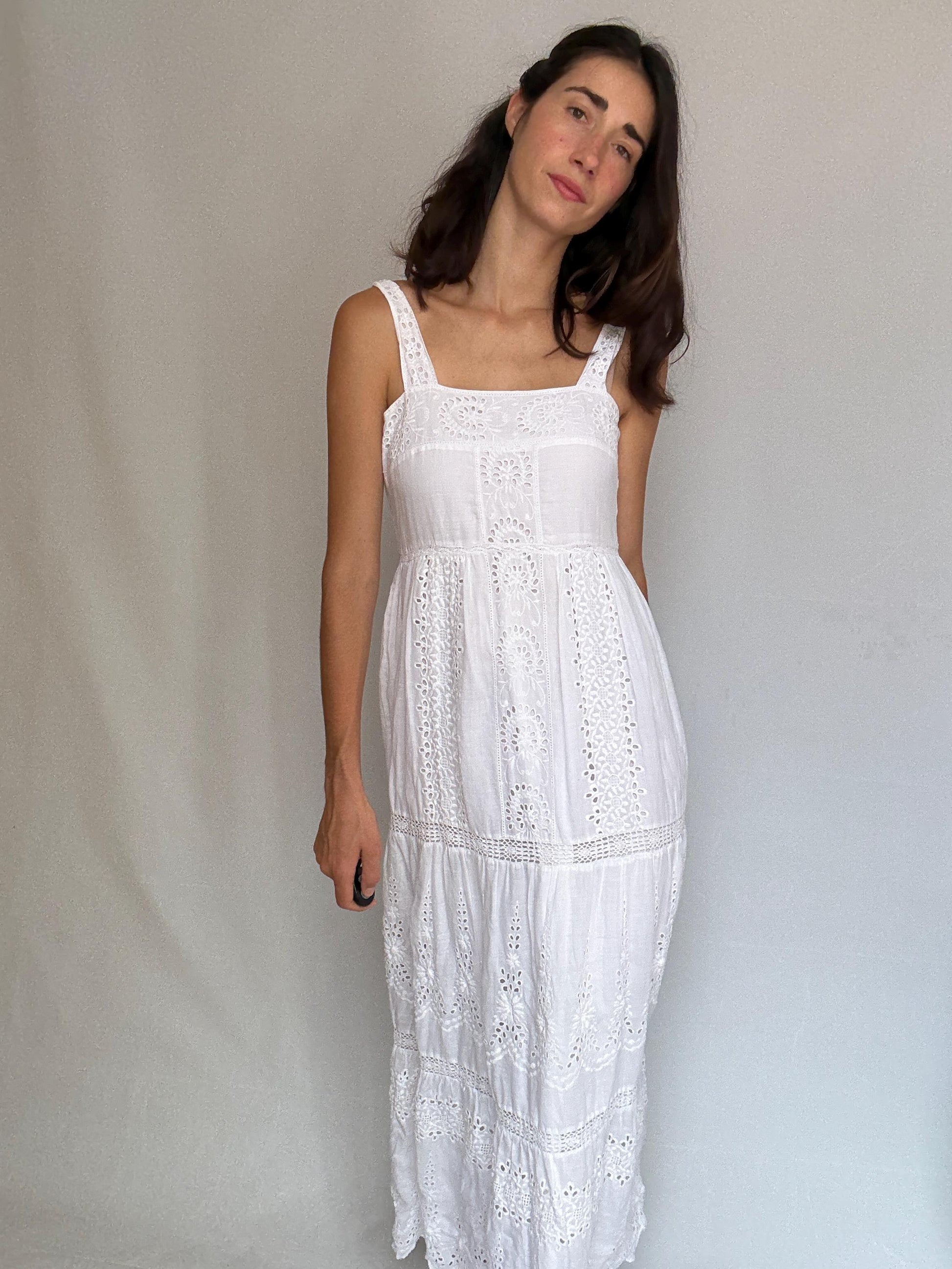 Eyelet fabric white long dress, Wedding guest fitted bodice, Summer party intricate broderie anglaise, elegant minimalist, US XS,
