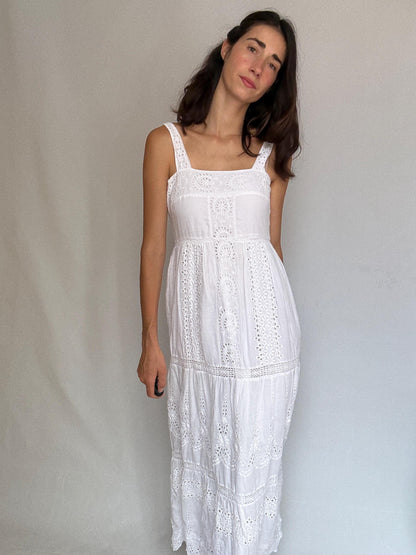 Eyelet fabric white long dress, Wedding Summer party broderie anglaise, US XS