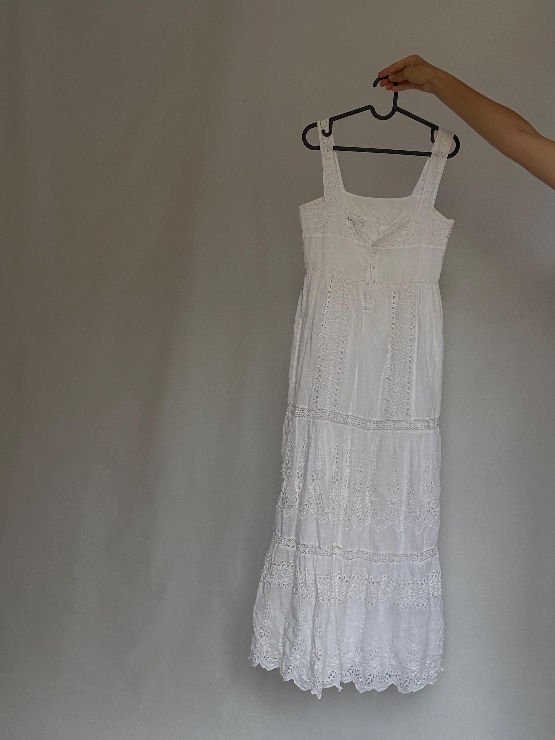 Eyelet fabric white long dress, Wedding guest fitted bodice, Summer party intricate broderie anglaise, elegant minimalist, US XS,