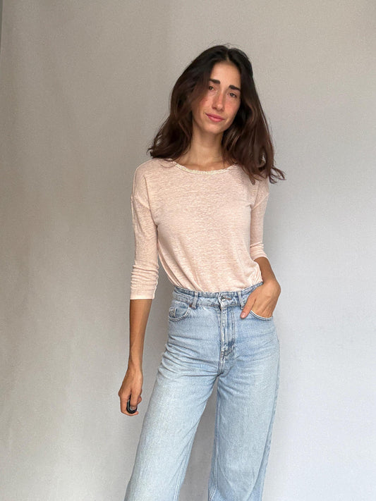 Massimo Dutti light pink shirt with a lovely gold thread neckline, light academia, US L, casual chic t-shirt