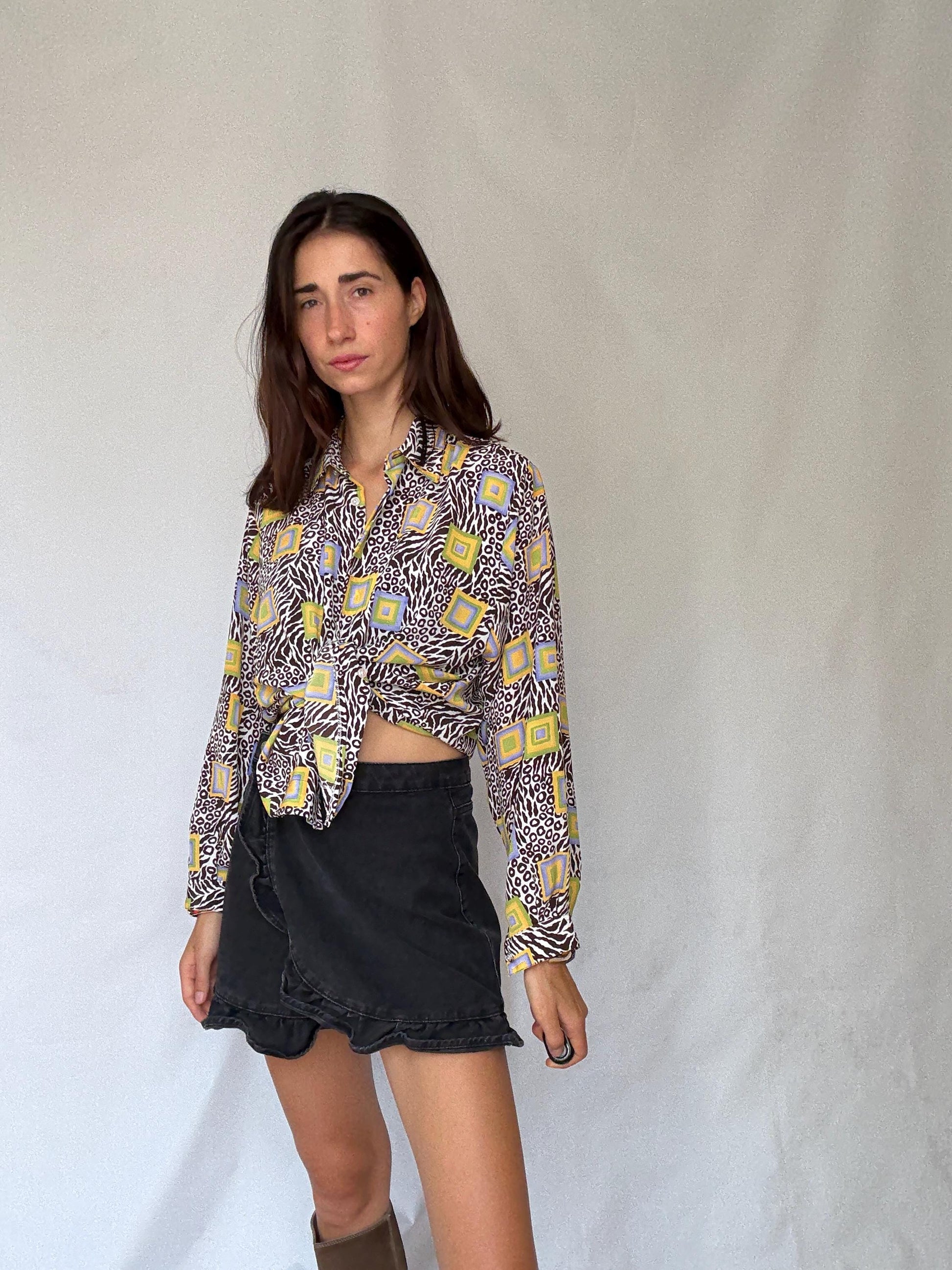 Retro 70s Vintage Blouse with Geometric Animal Print Style M - Bohemian Chic Inspired - summery blouse, very flowy, abstract print