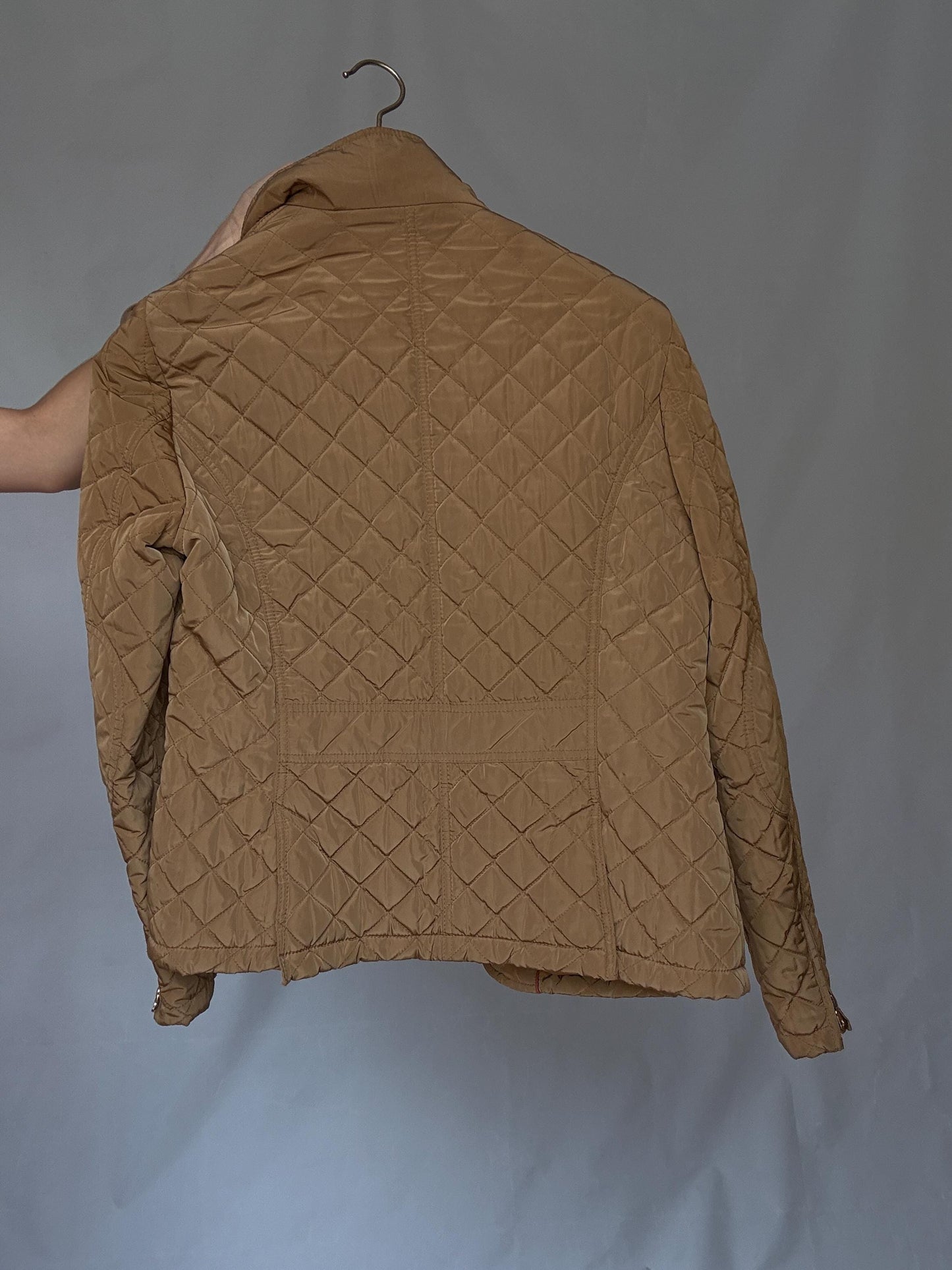 Massimo Dutti tan quilted coat, cotton feel, structured fit, two, button closure, leather, accented pockets, minimalist, US XL, smart casual