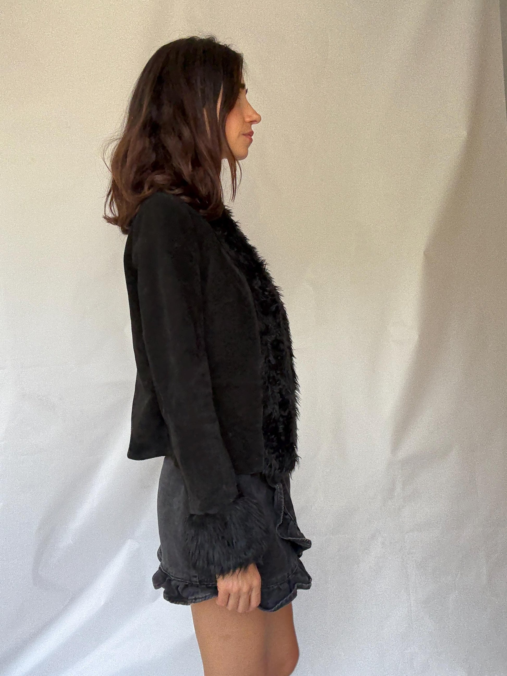 Vintage black suede lammy jacket with faux fur trim, 100% leather short winter coat, Parisian chic women clothing, Emily in paris style