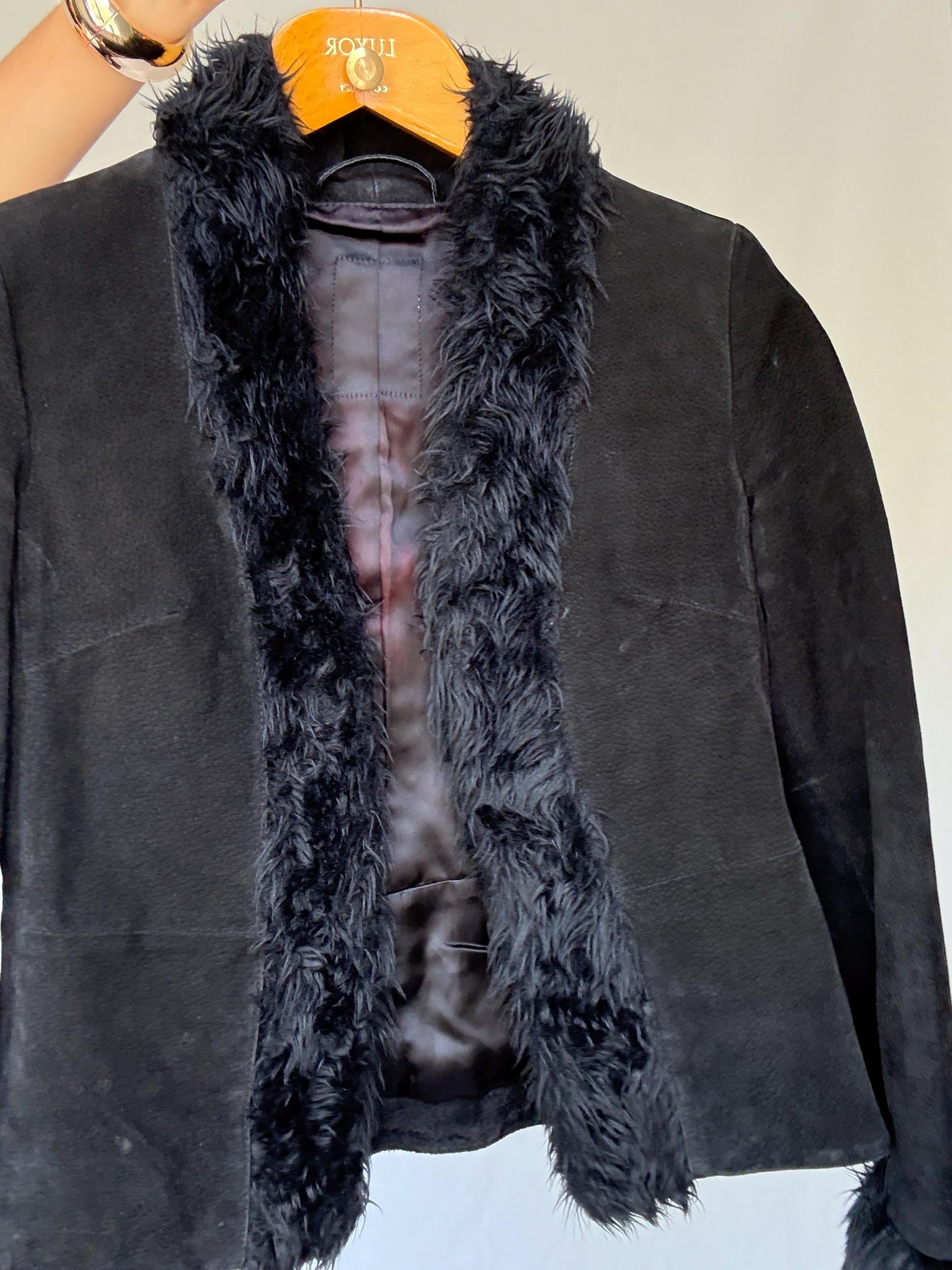 Vintage black suede lammy jacket with faux fur trim, 100% leather short winter coat, Parisian chic women clothing, Emily in paris style