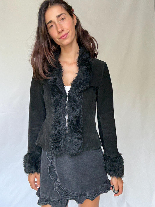 Vintage black suede lammy jacket with faux fur trim, 100% leather short winter coat, Parisian chic women clothing, Emily in paris style