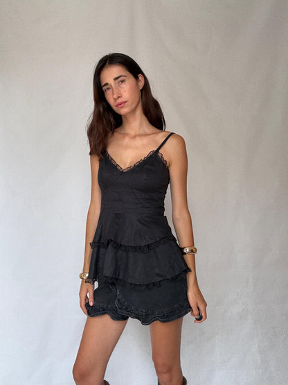 Luxurious Black Rami Preppy V-Neck Camisole