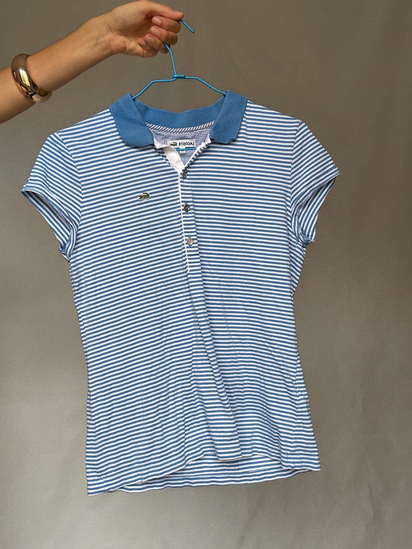 Retro 90s Blue Striped Lacoste Polo Shirt - US Size L - Casual Streetwear Style, Perfect for Vintage Aesthetic Enthusiasts