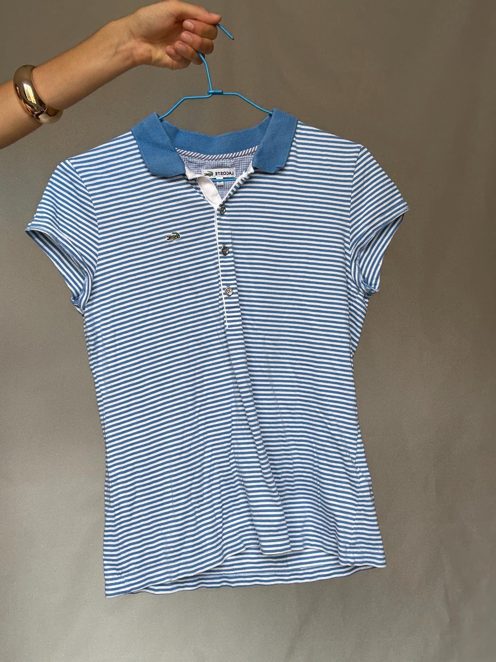 Retro 90s Blue Striped Lacoste Polo Shirt - US Size L - Casual Streetwear Style, Perfect for Vintage Aesthetic Enthusiasts