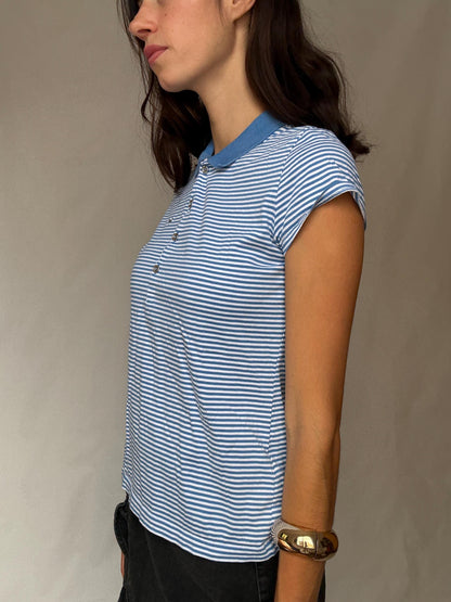 90s Blue Striped Lacoste Polo Shirt — back view