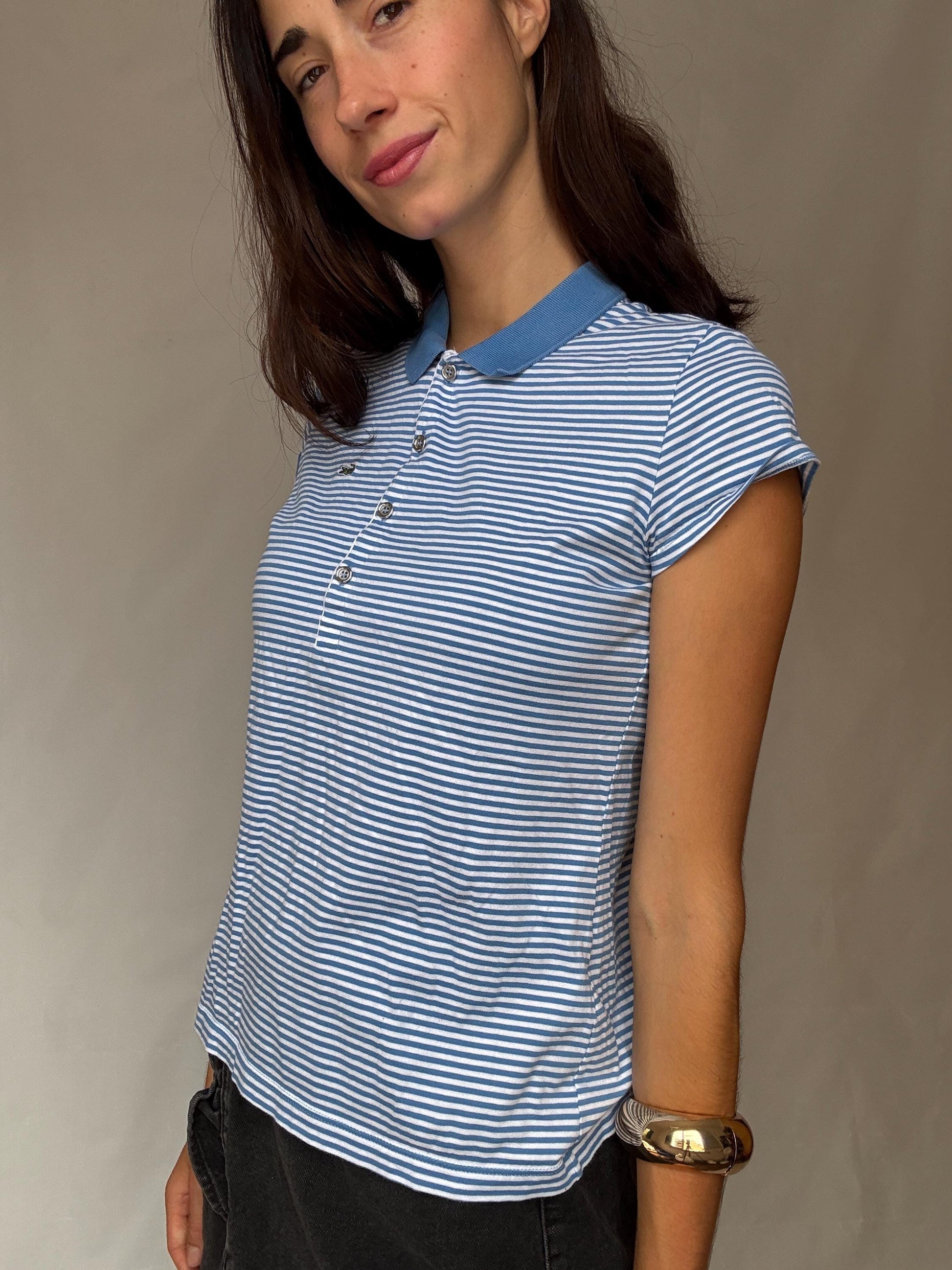 Retro 90s Blue Striped Lacoste Polo Shirt - US Size L - Casual Streetwear Style, Perfect for Vintage Aesthetic Enthusiasts