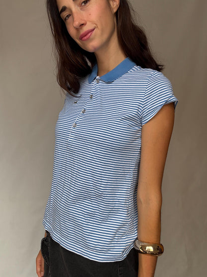 90s Blue Striped Lacoste Polo Shirt — fabric close-up