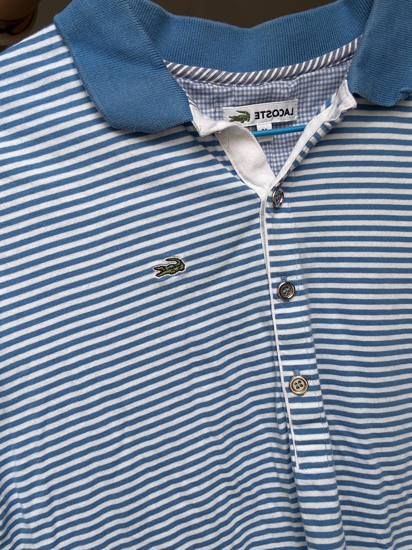 Retro 90s Blue Striped Lacoste Polo Shirt - US Size L - Casual Streetwear Style, Perfect for Vintage Aesthetic Enthusiasts