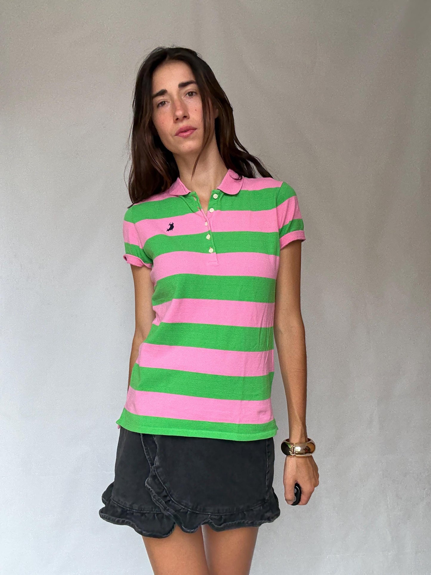 Vibrant Pink and Green Striped Polo Shirt, Preppy Style, Size L Slim Fit, Ideal for Casual and Y2K Aesthetics, made in Spain