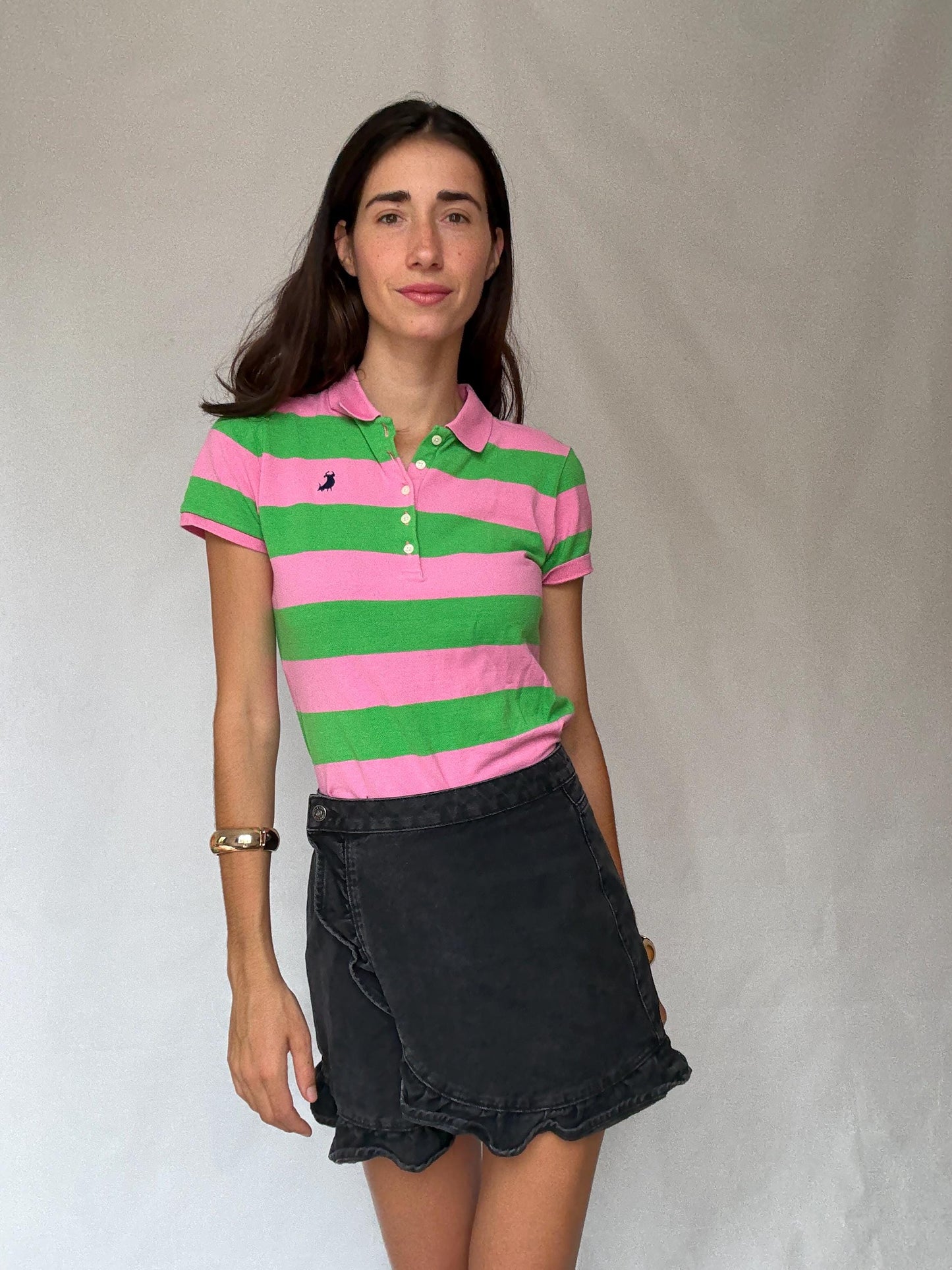 Vibrant Pink and Green Striped Polo Shirt, Preppy Style, Size L Slim Fit, Ideal for Casual and Y2K Aesthetics, made in Spain