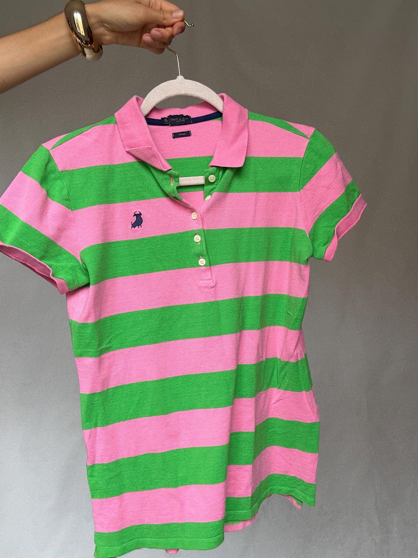 Vibrant Pink and Green Striped Polo Shirt, Preppy Style, Size L Slim Fit, Ideal for Casual and Y2K Aesthetics, made in Spain