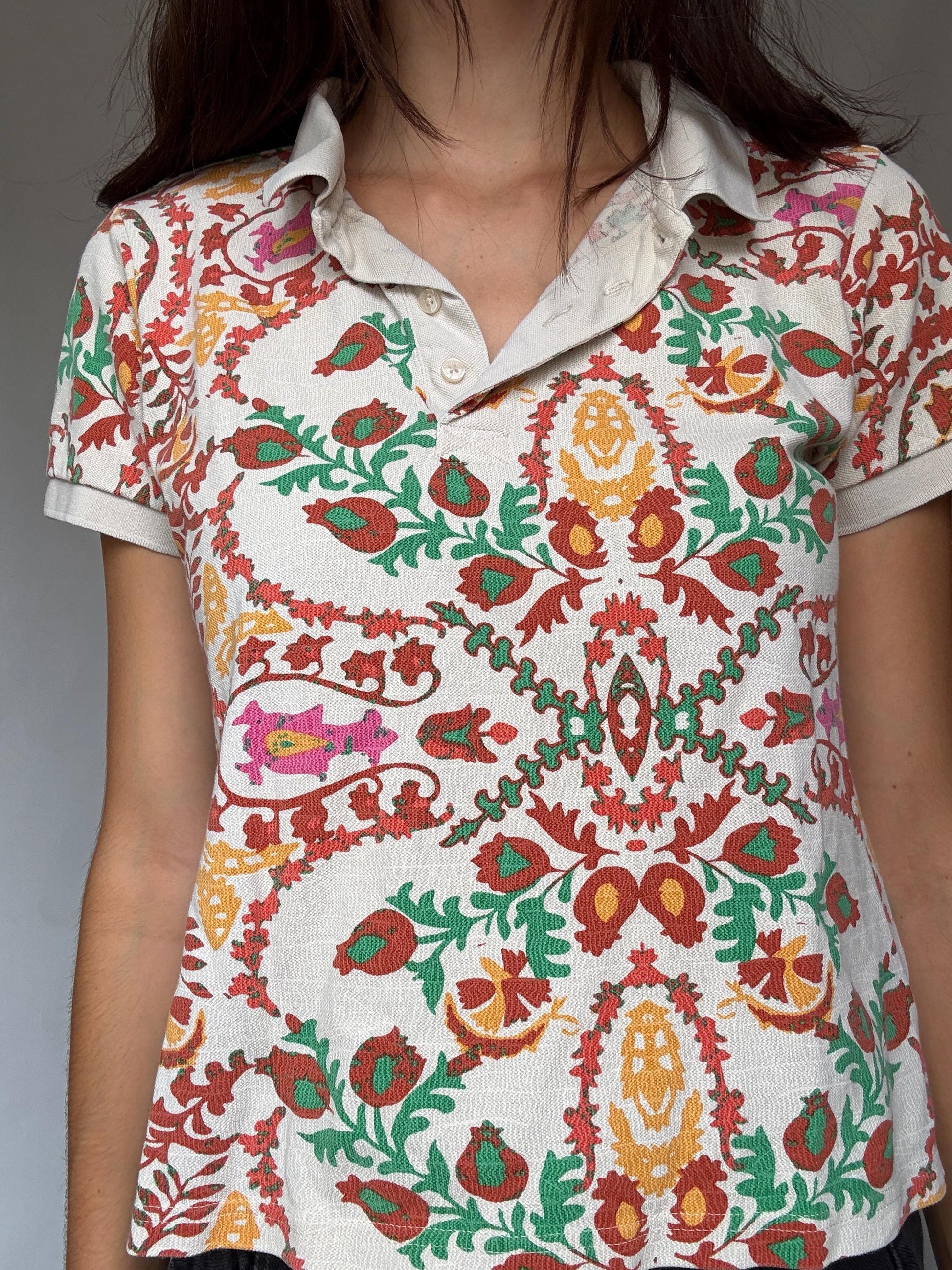 Pedro del Hierro colourful polo shirt, patterned short sleeve top, Luxury Spanish designer clothing, size S