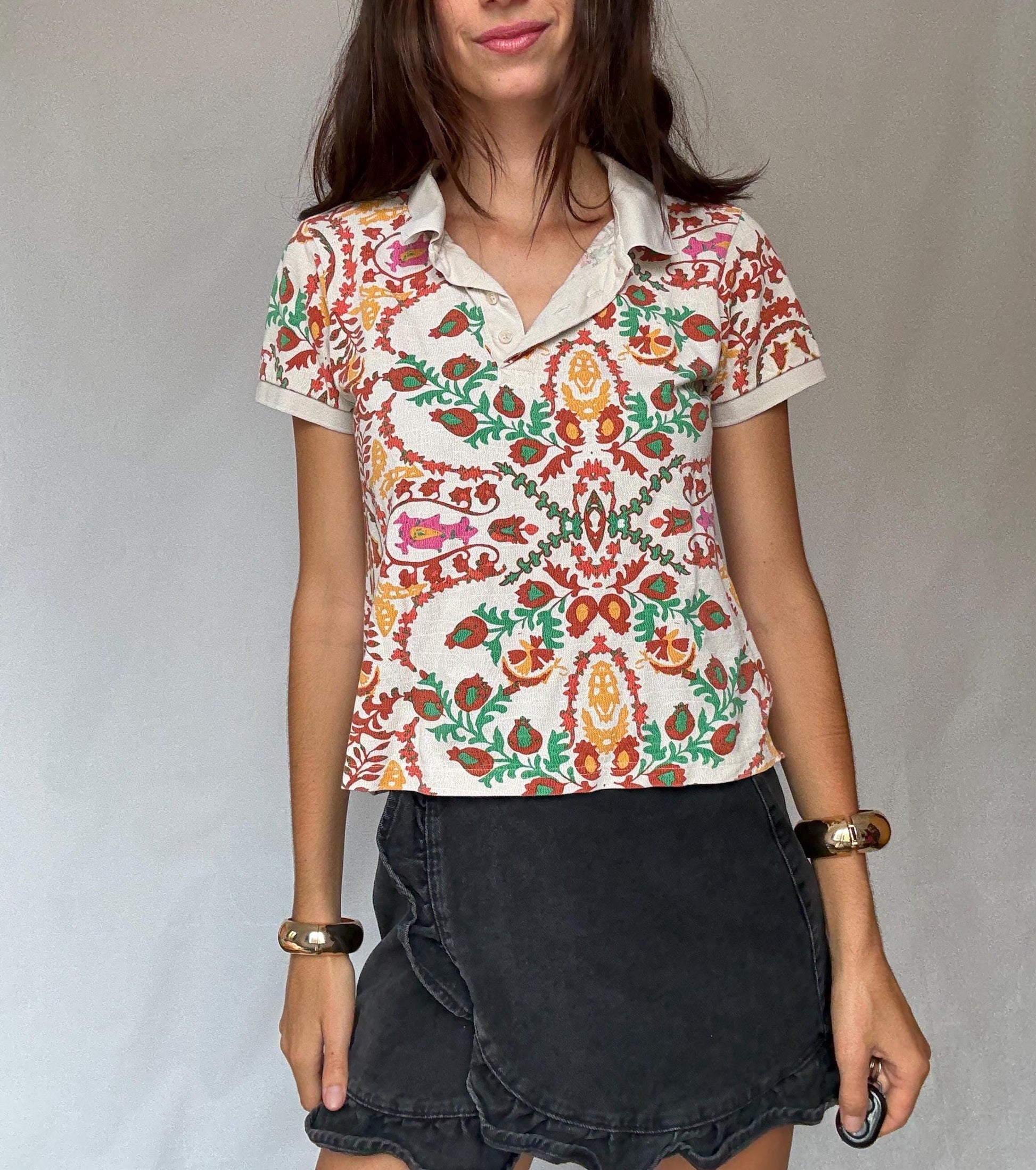 Pedro del Hierro colourful polo shirt, patterned short sleeve top, Luxury Spanish designer clothing, size S