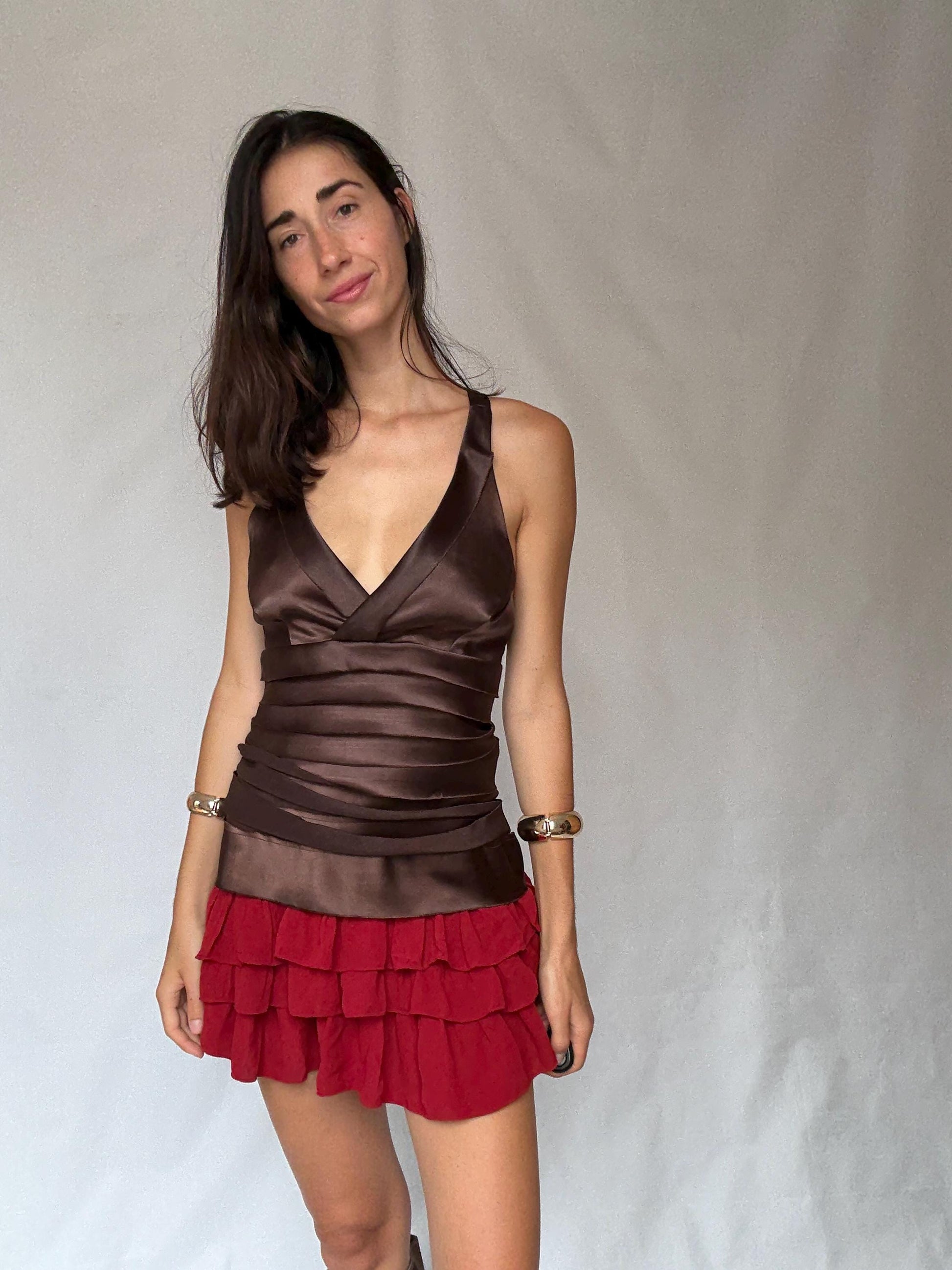 Adolfo Dominguez luxury brown satin camisole, deep V neckline top, size 38