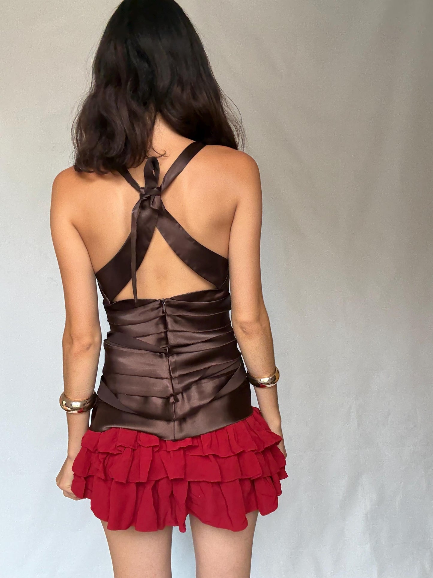 Adolfo Dominguez luxury brown satin camisole, deep V neckline top, size 38